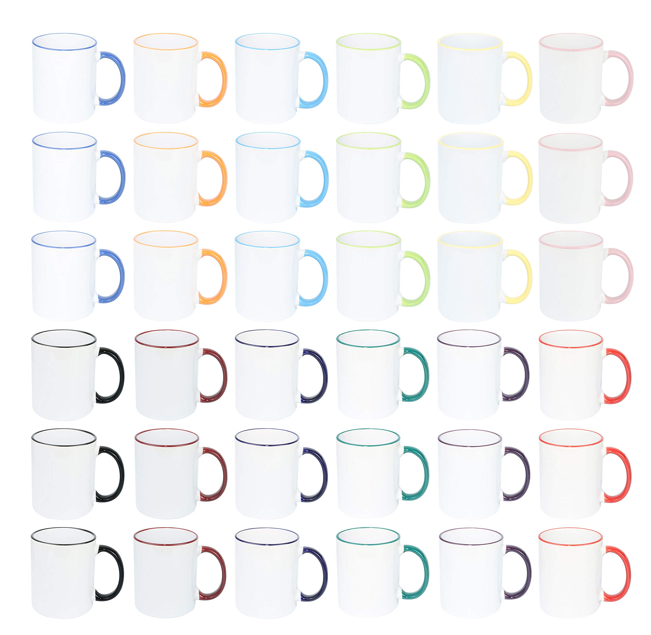 11oz White Ceramic Sublimation Coffee Mug with 12 Color Rim & Handle Options - Bulk Pack of 36 - Perfect for Custom Printing, Gifts, and Office Use