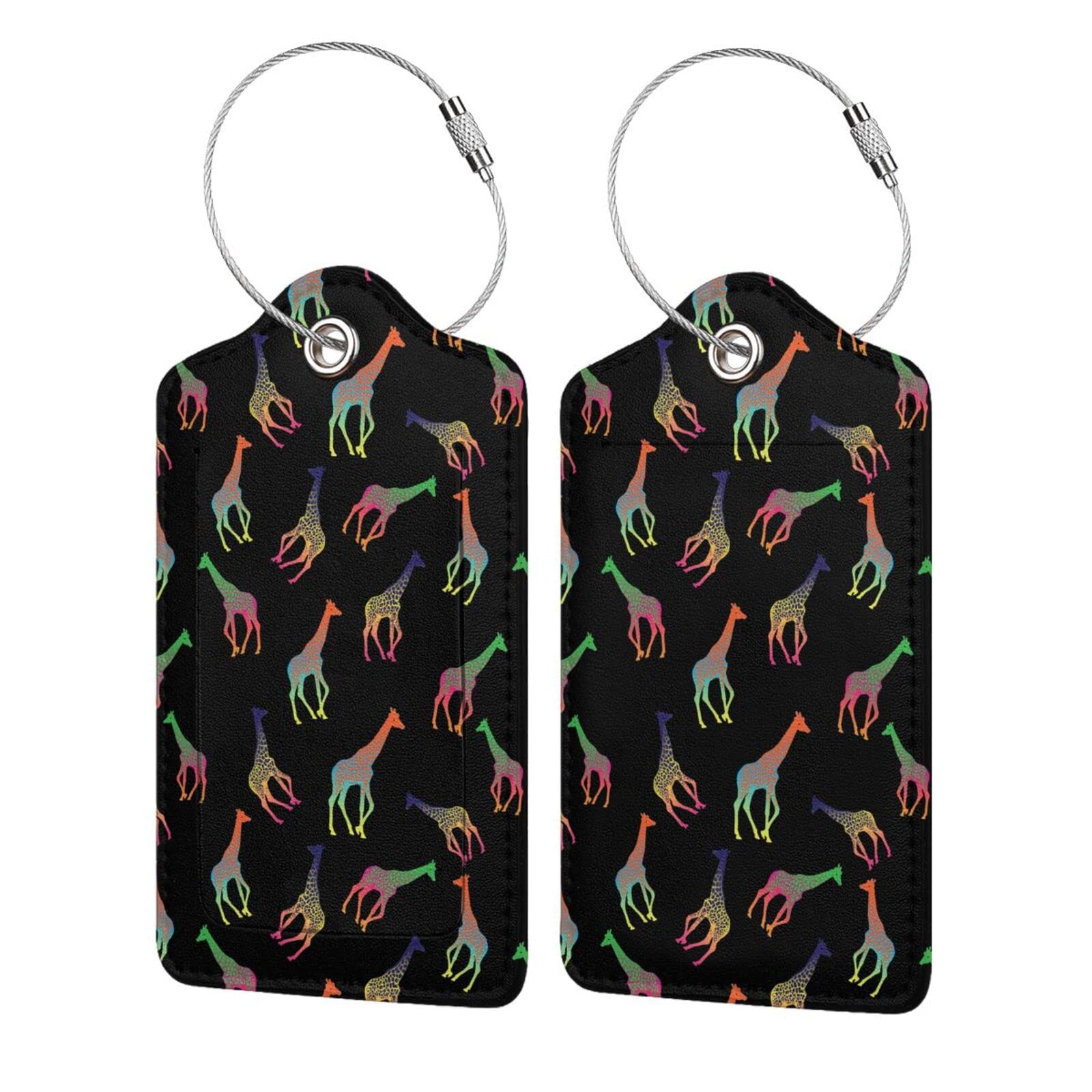 2 Pack Colorful Giraffe PU Leather Luggage Tags with Stainless Steel Loop & Privacy Cover - Stylish ID Label for Suitcases, Backpacks & Travel Bags - Perfect Gift for Women, Men & Kids - Ideal for Air Travel, Vacation & Business Trips