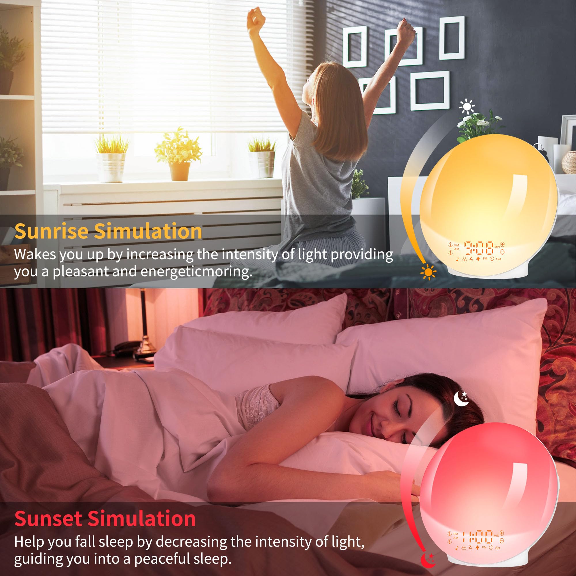 Sunrise Alarm Clock with Wake Up Light - Sunrise/Sunset Simulation, Dual Alarms, FM Radio & 7 Natural Sounds | 11 Color Changing Night Light for Bedroom, Snooze Function (White) - Perfect for Gentle Morning Wake-Ups & Relaxing Nighttime Ambience