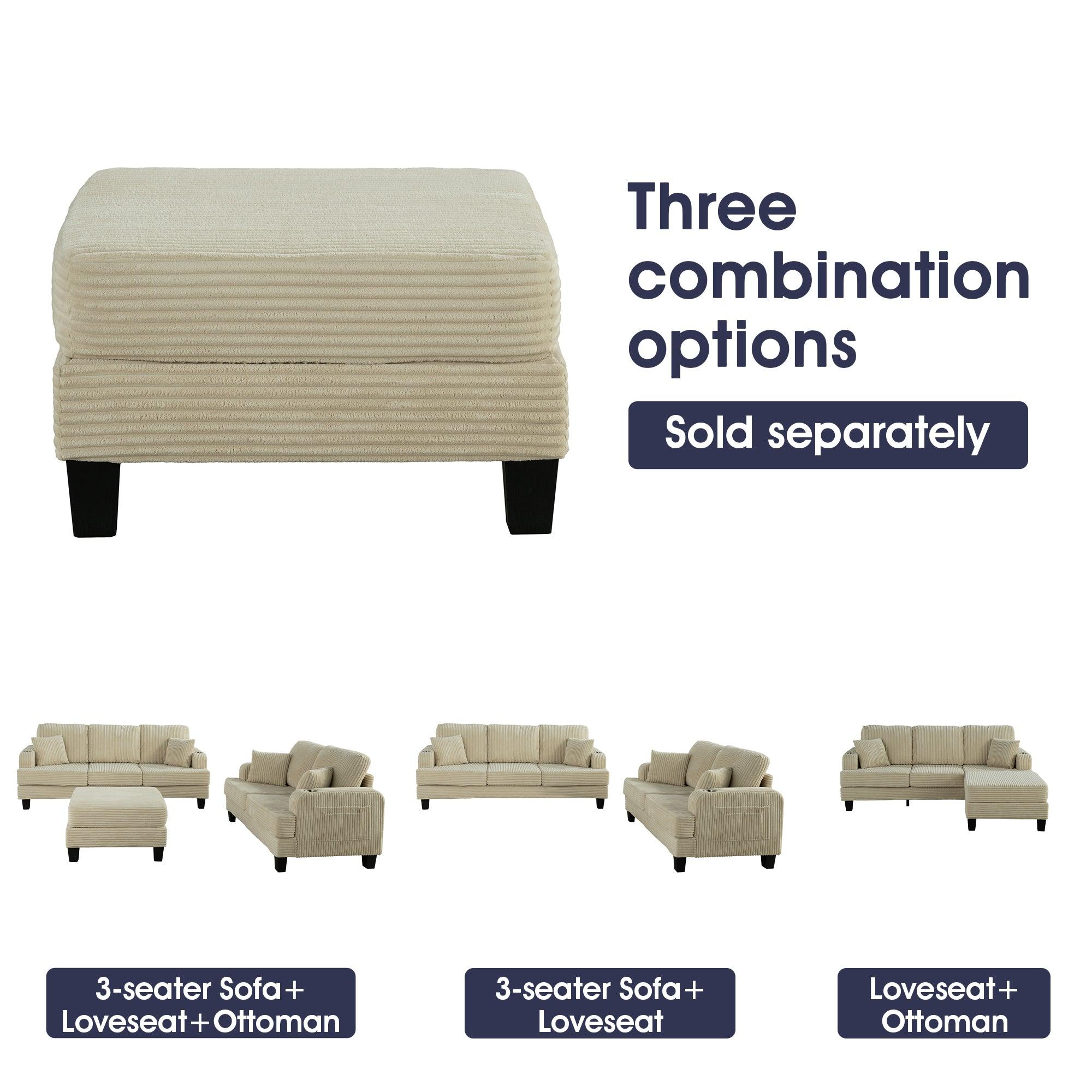 Beige 3-Piece Sectional Sofa Set with Storage Ottoman - 3-Seater Couch & Loveseat for Living Room, Includes USB Charging Ports, Side Pockets & Throw Pillows - Perfect for Family Gatherings, Movie Nights and Small Space Apartments