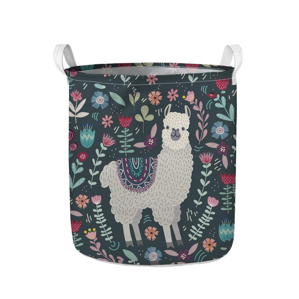 ZFRXIGN Collapsible Baby Laundry Basket with Handles - Llama Flower Print Cloth Hamper for Girls, Kids Canvas Storage Bin for Bedroom, Bathroom, Dorm & Travel | Perfect for Nursery Organization, Toy Storage & Baby Clothes Sorting
