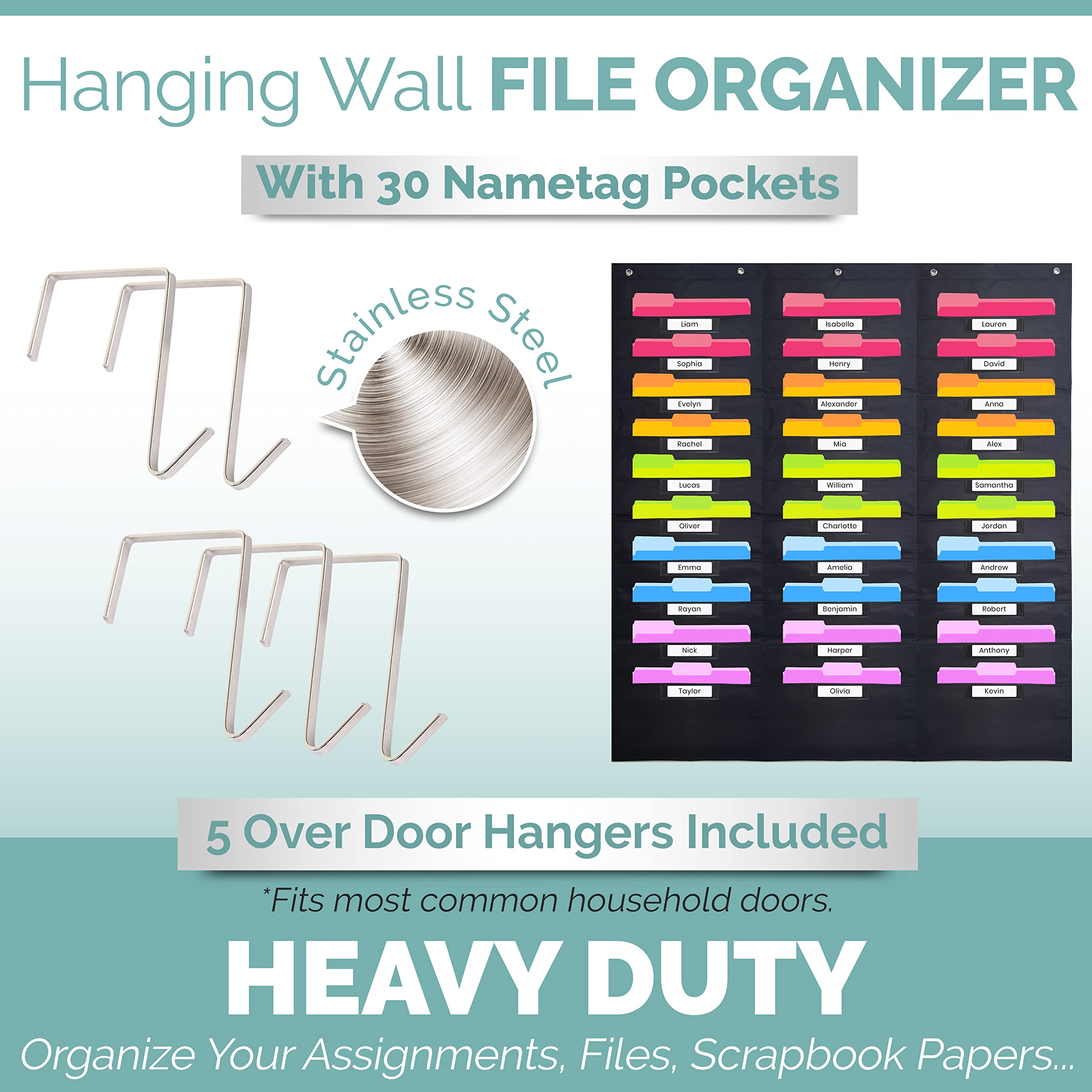 Hippo Creation Heavy Duty 30-Pocket Storage Organizer with 5 Over-Door Hangers - Hanging Wall File Folder Chart for Classroom, School Mailbox, Home Office Papers & Documents - Black - Perfect for Teachers, Students & Home Organization