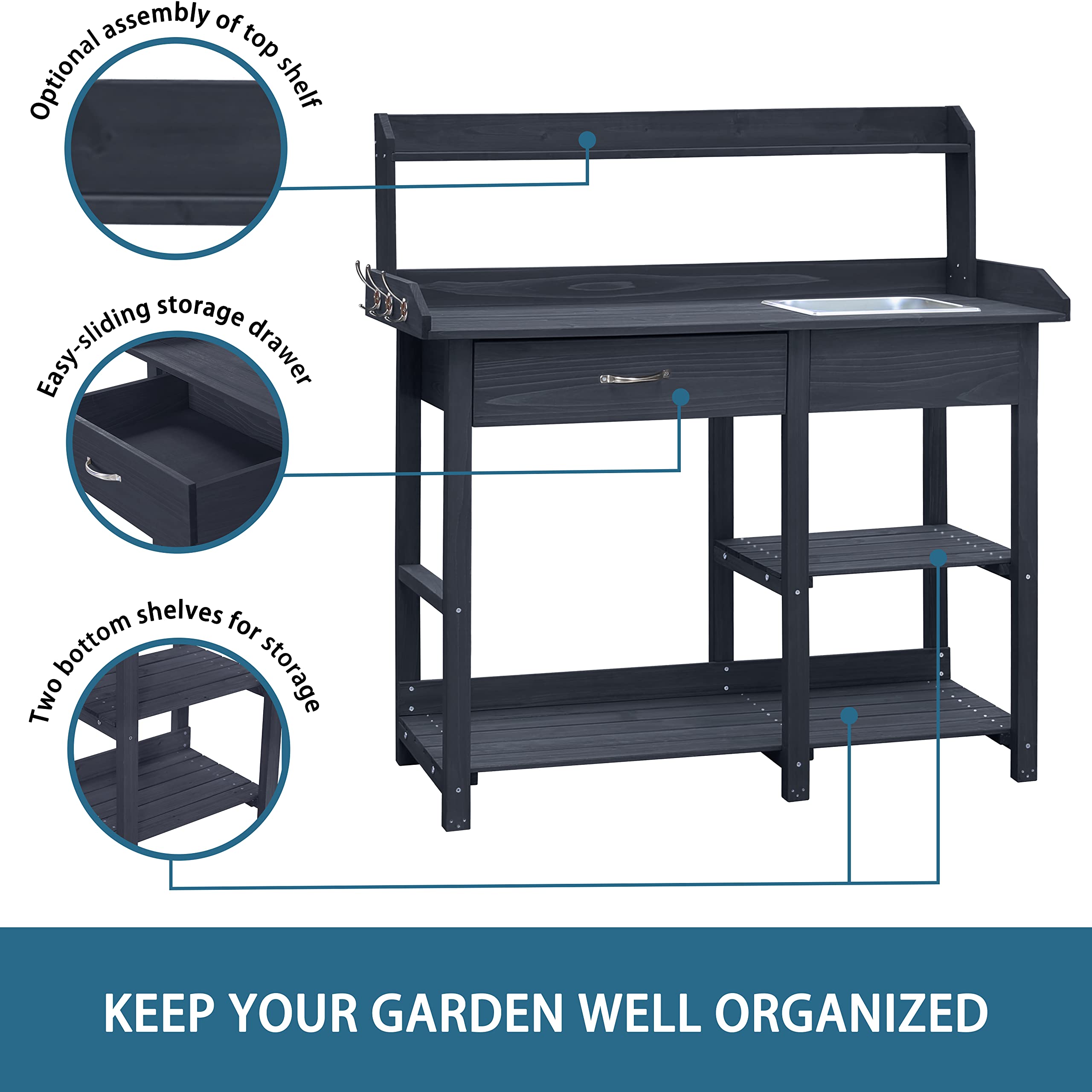 MUPATER Outdoor Potting Bench with Removable Stainless Steel Sink - Heavy Duty Garden Work Table with Storage Shelves & Drawer - Perfect for Planting, Gardening, and DIY Projects - Grey
