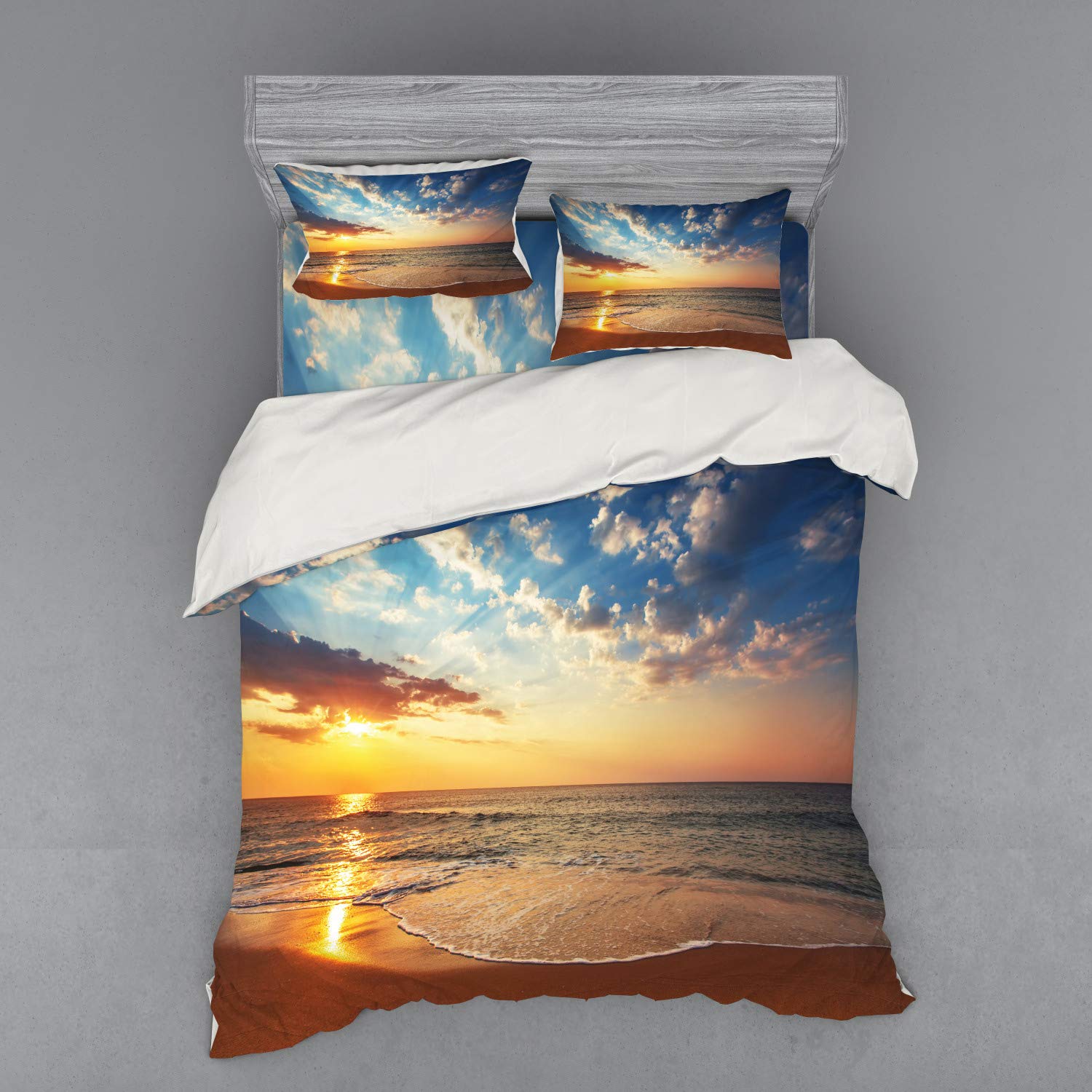 Ambesonne Ocean Bedding Set - Queen Size 4-Piece Duvet Cover with Shams & Fitted Sheet, Blue Yellow Brown Cloudscape Design | Perfect for Beach Themed Bedrooms, Coastal Decor & Honeymoon Travel Inspired Home Styling
