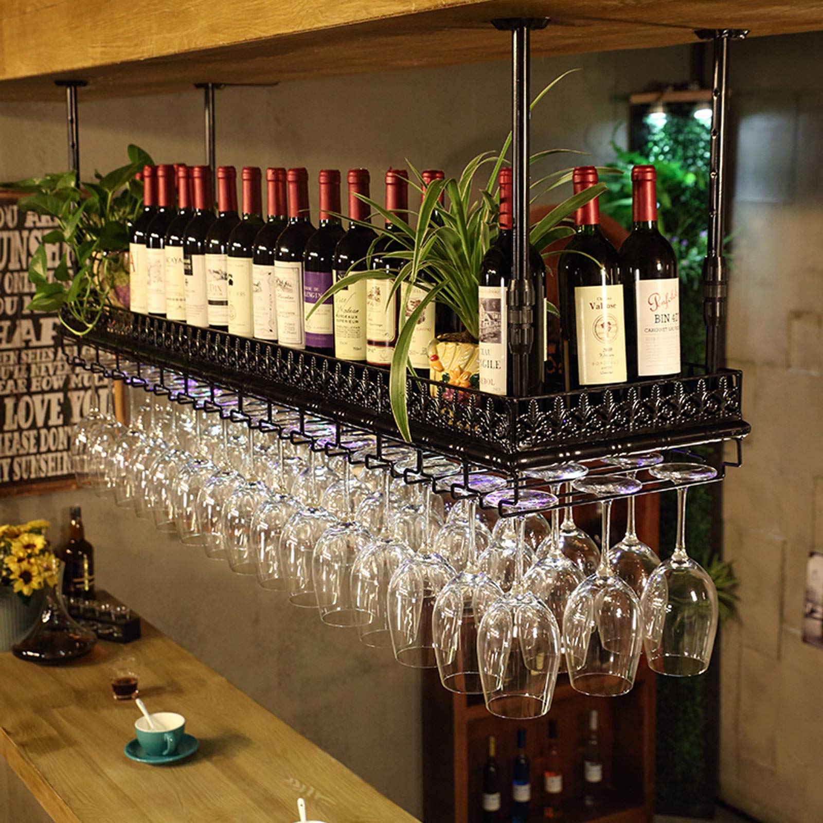 Industrial Retro Metal Wine Glass Hanging Rack - Adjustable Ceiling Floating Shelf for Bars, Restaurants & Kitchens - Black (120x35cm) - Perfect for Wine Storage, Home Decor & Commercial Use