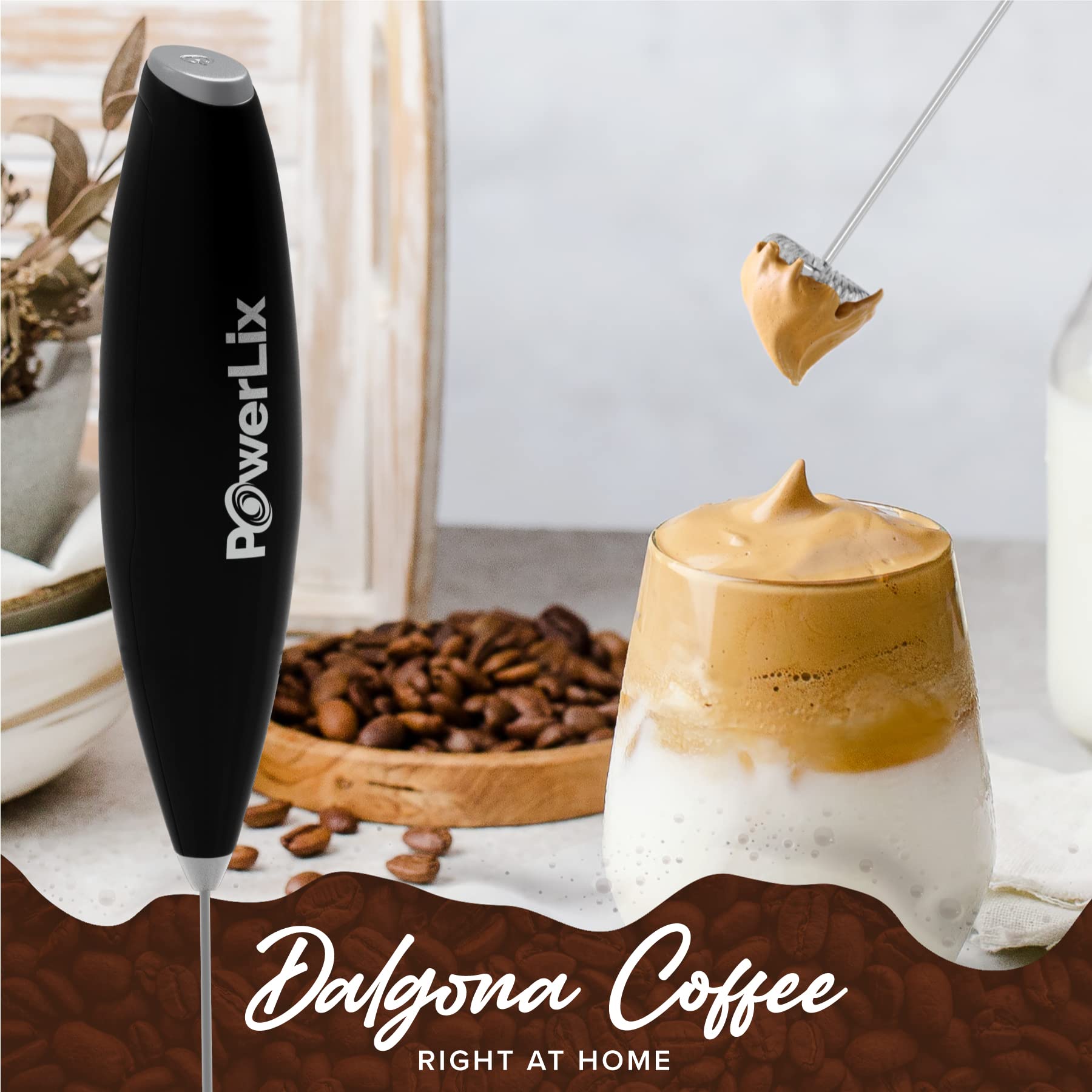 PowerLix Handheld Milk Frother - Battery Operated Foam Maker for Coffee, Latte & Cappuccino - Matte Black (Stand Not Included) - Perfect for Home, Office & Coffee Shops