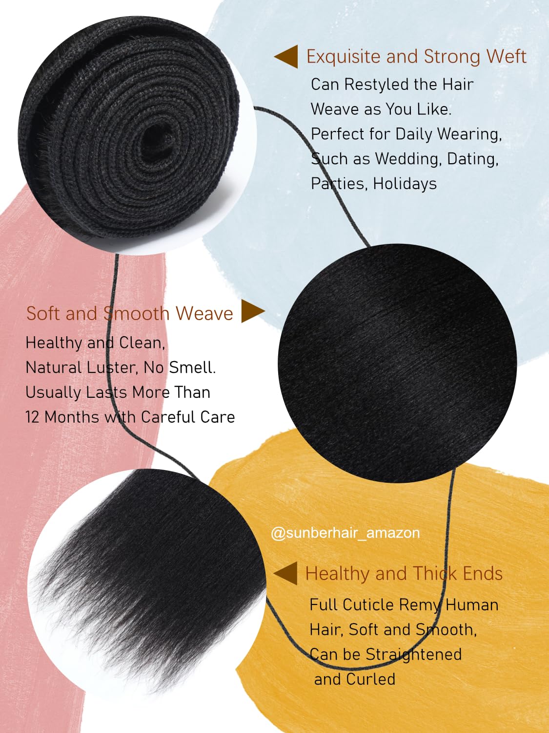 Sunber Yaki Straight 100% Unprocessed Brazilian Human Hair Bundles - 3 Bundles Kinky Straight Natural Black Hair Extensions (8” 10” 12”) for Women | Clip-In Hair Extensions for Daily Styling, Parties & Special Occasions
