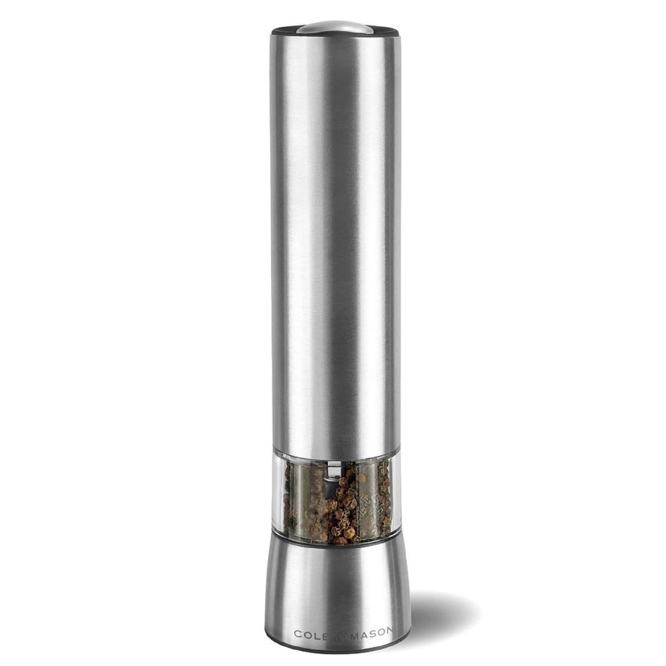 Cole & Mason Hampstead Electric Pepper Grinder - Adjustable Stainless Steel Spice Mill with One-Hand Operation - Perfect for Kitchen, Dining Table & Outdoor BBQ