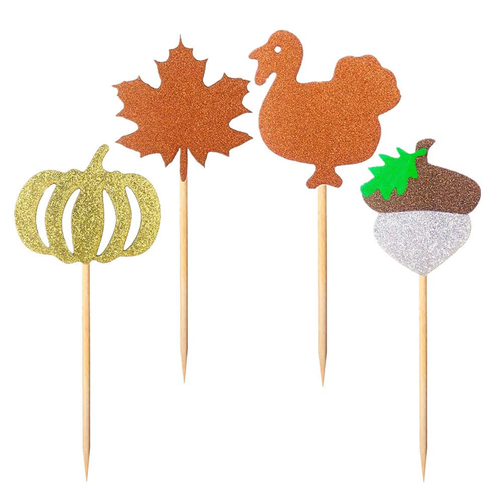 24pcs Cake Toppers - Cartoon Glitter Cake Decorations with Insert Cards for Birthday, Thanksgiving & Special Occasions - Shiny Cake Picks for Party Dessert Decorating