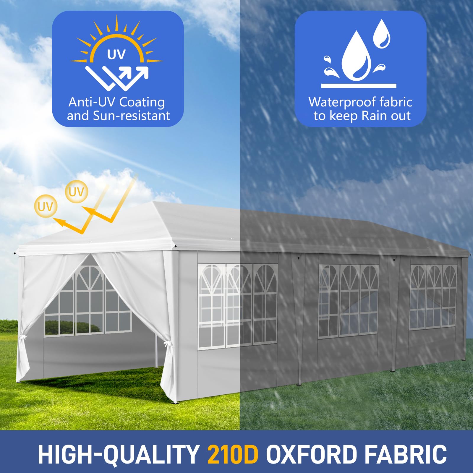 Outvita 10x30ft Ez Pop Up Canopy Tent - Portable Instant Shelter with 8 Sidewalls for Outdoor Events, Parties, Weddings, Birthdays & Graduations - White - Perfect for Backyard BBQs, Beach Picnics, Camping and Tailgating