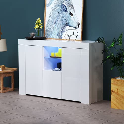Modern White High Gloss LED Sideboard Buffet Cabinet with 3 Doors & 2 Shelves - Storage Furniture for Hallway, Dining Room, Living Room or Kitchen | Perfect for Entertaining, Displaying Decor & Organized Storage