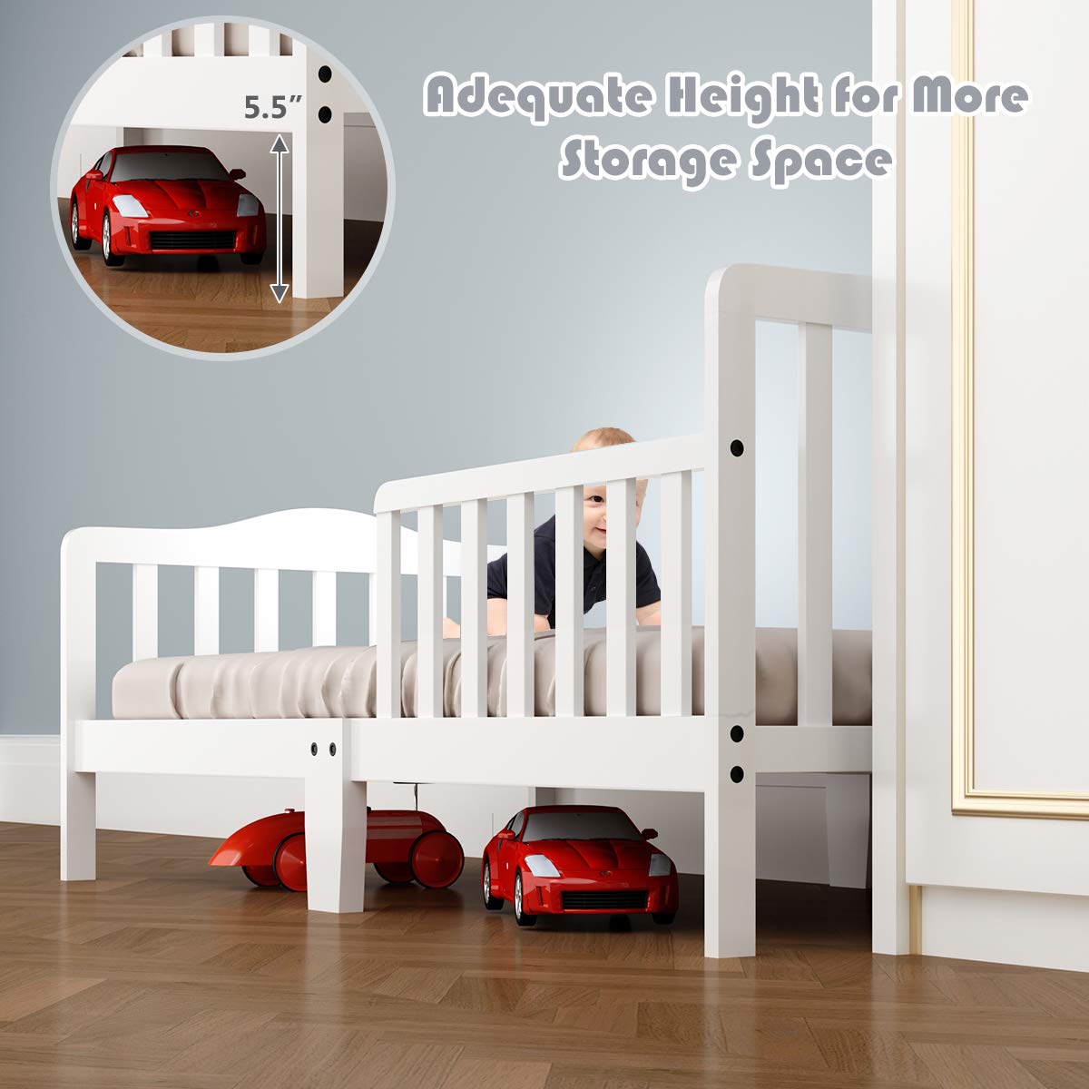 Costzon Toddler Wood Bed Frame with Safety Guardrail - White | Kids Bedroom Furniture for Boys & Girls