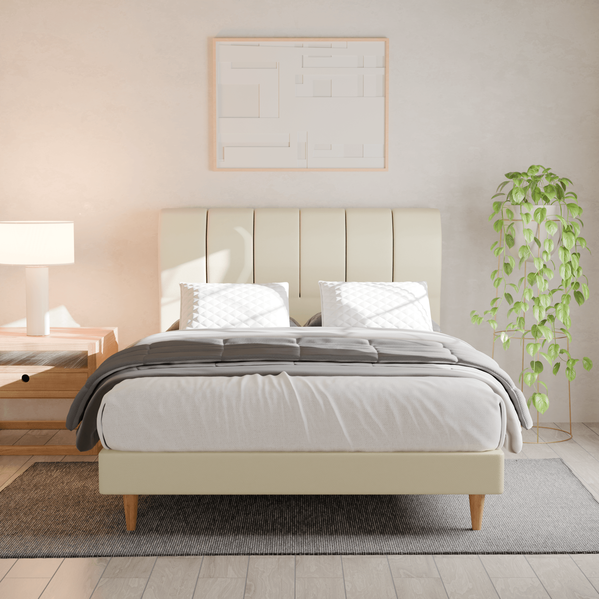 Kazura Queen Size Faux Leather Upholstered Bed Frame with Wooden Slats - Modern Platform Bed for Master Bedroom & Guest Room