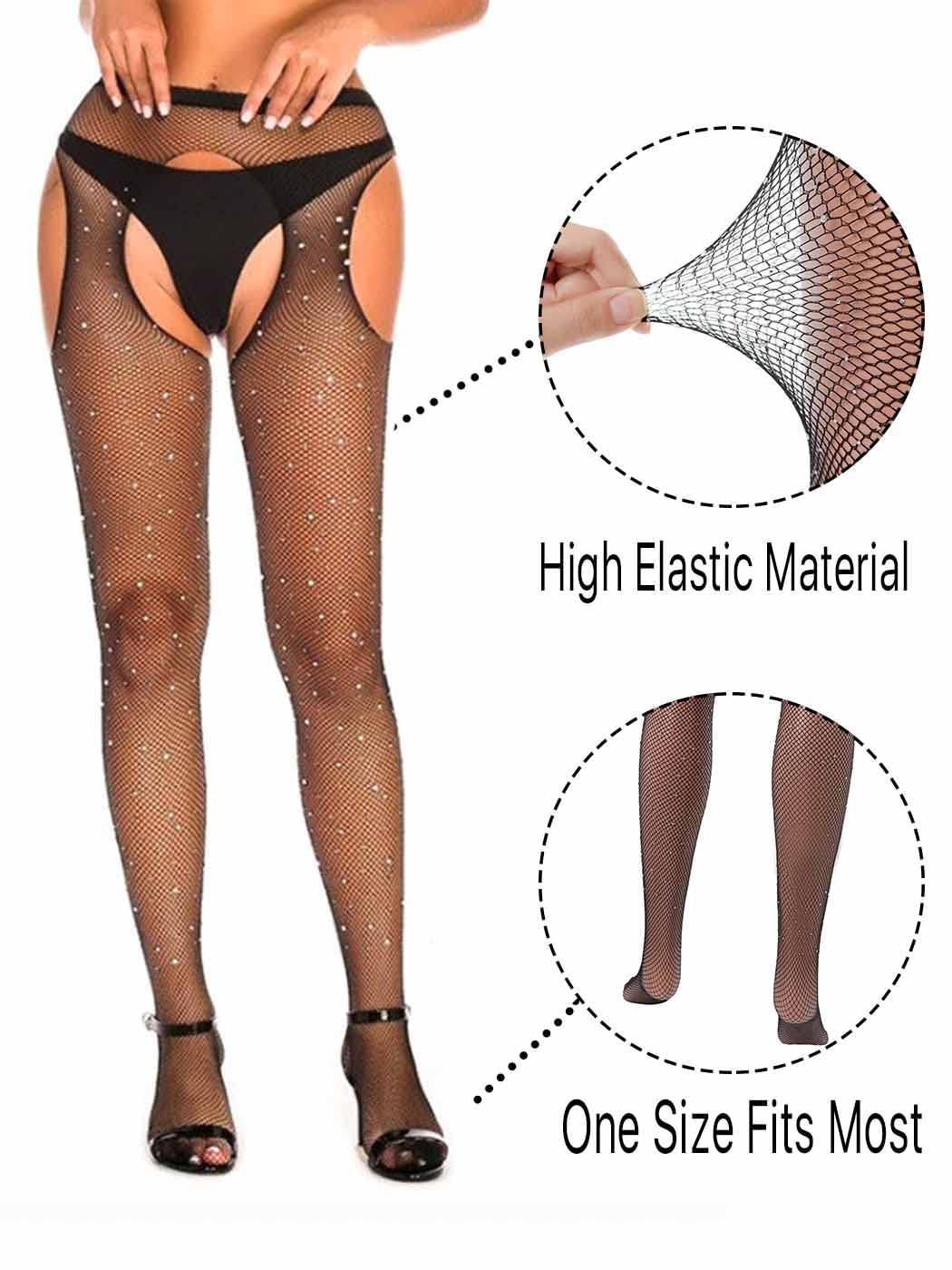 Sexy Rhinestone Fishnet Stockings with Sparkle See-Through Design & Suspenders - Thigh High Stockings for Women - Perfect for Nightclub, Halloween Costume & Boudoir Photography