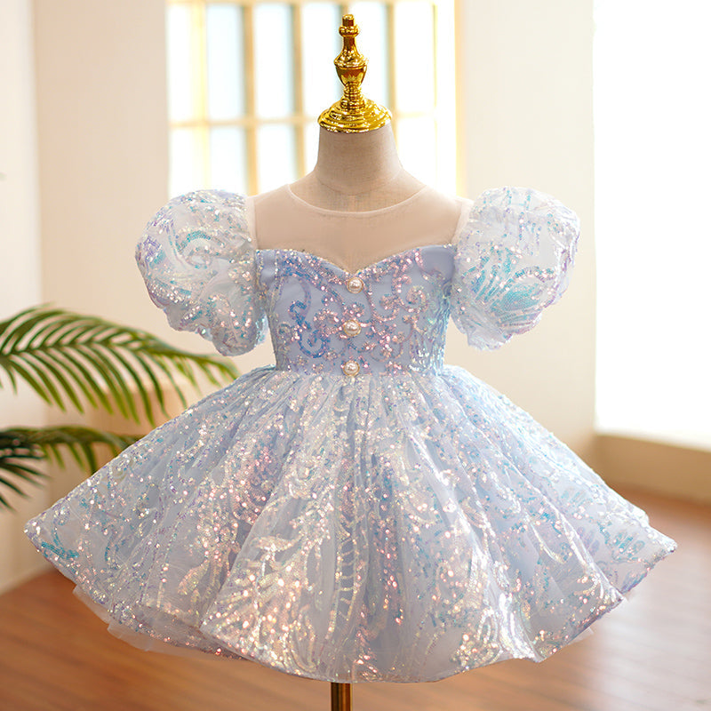 Sparkly Dusty Blue Sequin Princess Dress for Girls | Elegant Ruffle Puff Sleeves Party Gown | Perfect for Birthday, Pageant, and Special Occasions