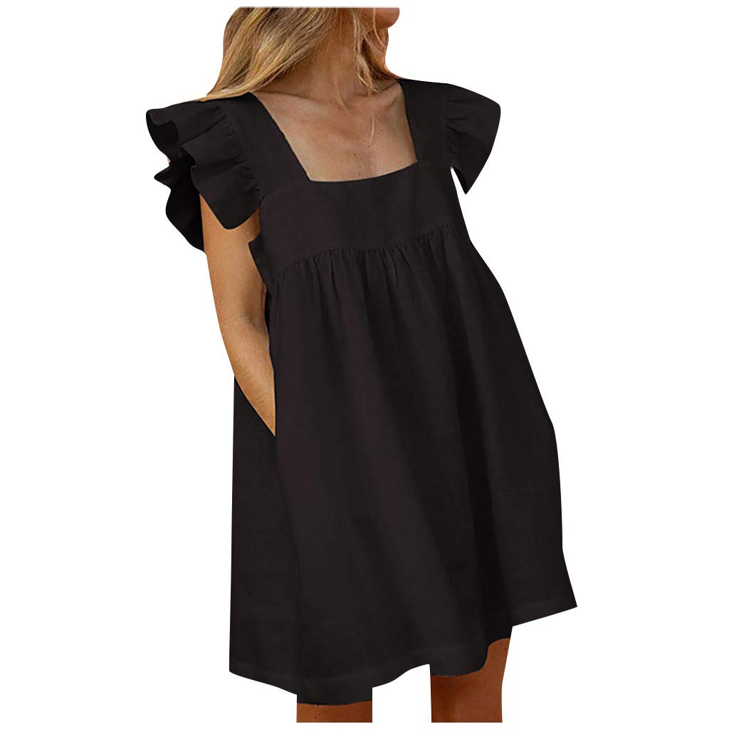 Elegant Square Collar Summer Dress for Women with Pockets & Puff Sleeves - Casual Midi Dress for Business, Office, and Summer Outings