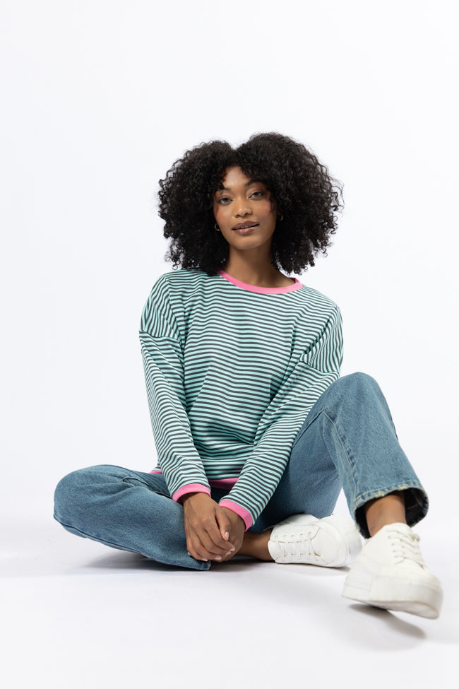 Think On It Pink, Navy, and Charcoal Striped Contrast Trim Pullover Sweater | Women's Casual Knit Top | Perfect for Fall Layering and Weekend Outfits