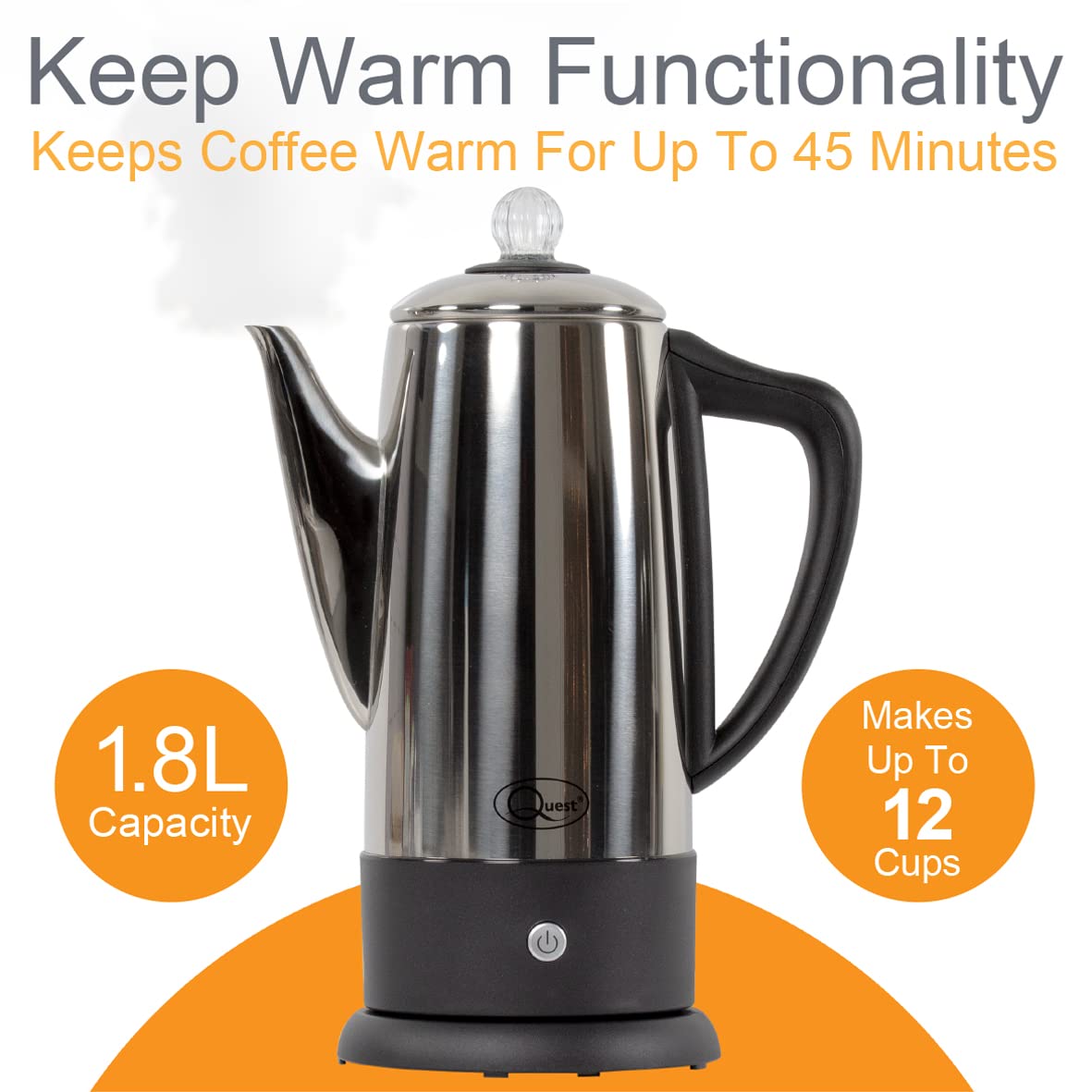 Quest 35200 Electric Coffee Percolator - 1.8L Stainless Steel Filter Coffee Maker with 30-45 Min Keep Warm, Removable Filter, 12-Cup Capacity (1100W) - Perfect for Home, Office & Camping Use