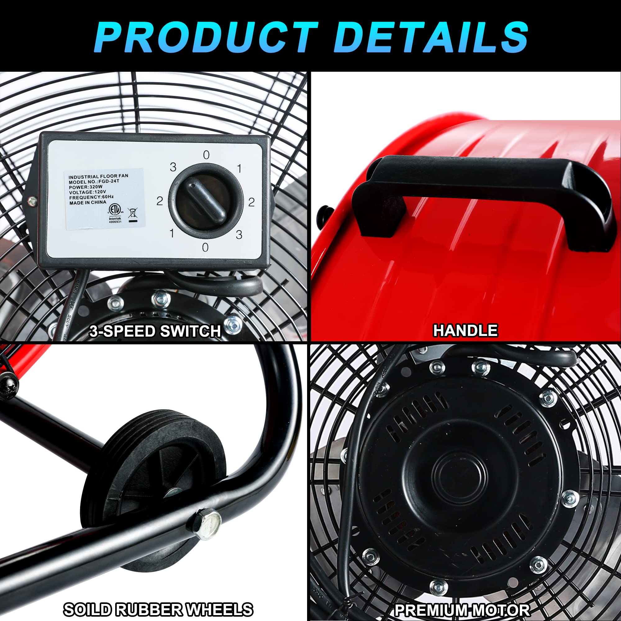 WARMLREC 24 Inch Heavy Duty Industrial Drum Fan - 3 Speed, 8800 CFM High Velocity Air Circulation Fan for Warehouse, Workshop, Factory, Commercial & Residential Use | Perfect for Cooling Large Spaces, Ventilation, and Greenhouse Applications (Red)