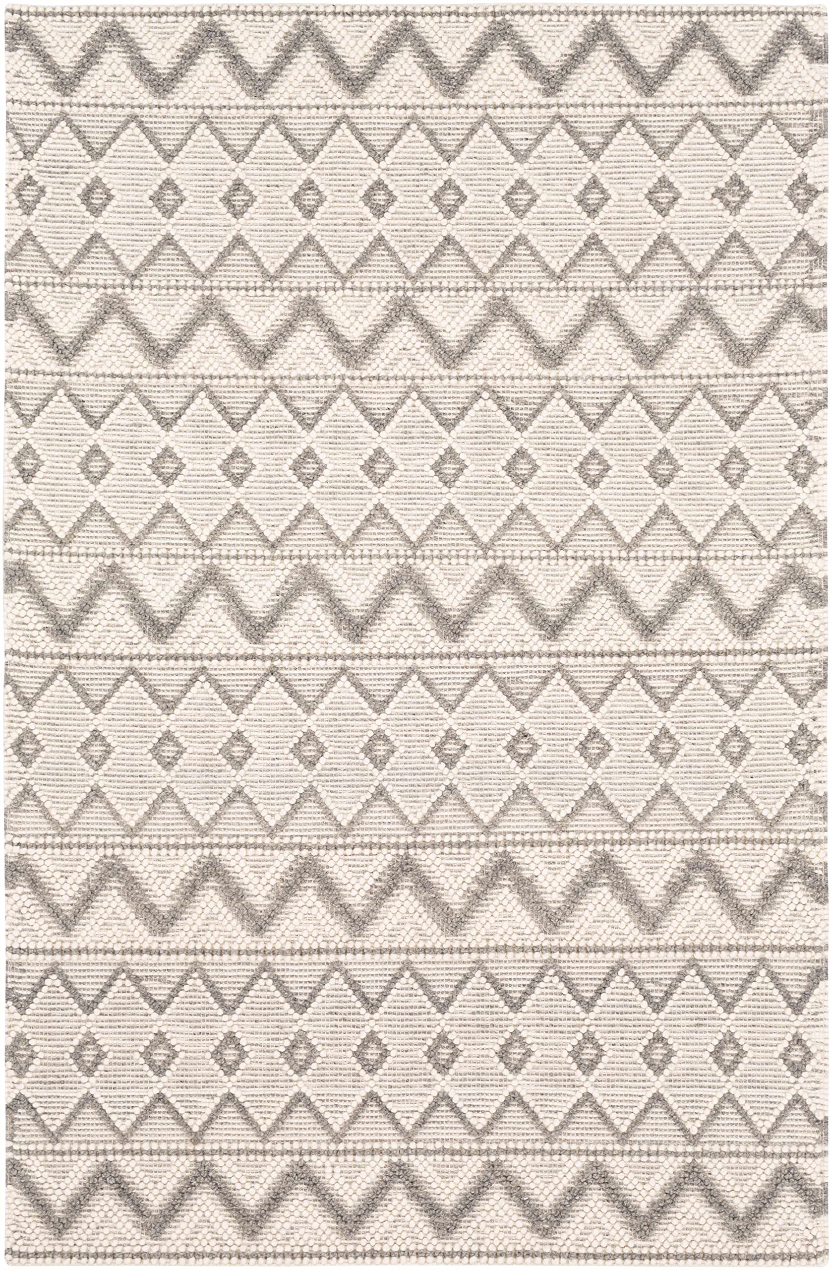 Hauteloom Antigo Boho Handwoven Wool High Low Textured Area Rug - Farmhouse Moroccan Trellis Carpet for Living Room Bedroom - Handmade Zig Zag Bubble Weave - Beige Gray Cream - 5' x 7'6