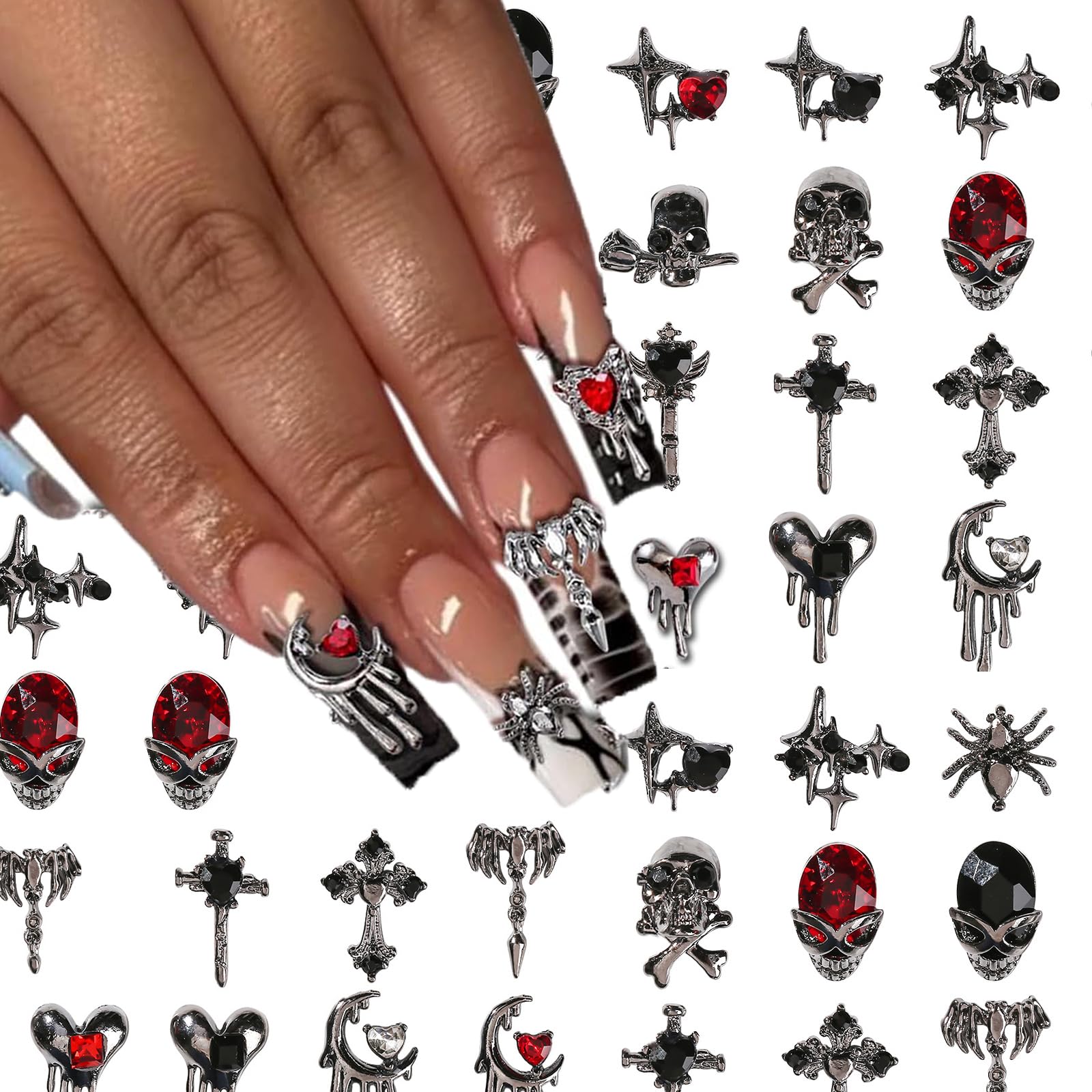 32 PCS Halloween Nail Charms - 3D Alloy Spider Skull Nail Art Decorations for Acrylic Nails, Dark Black Cross Moon Nail Gems - DIY Nail Jewelry for Women | Perfect for Halloween Parties, Costume Nail Art & Spooky Nail Designs