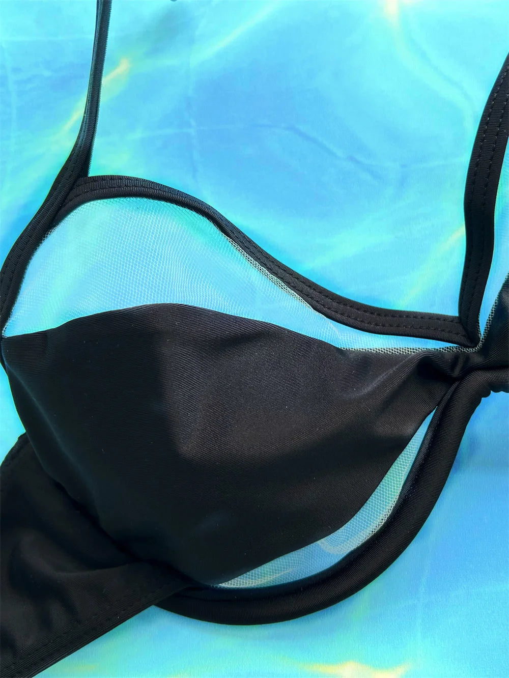 2024 Black Mesh Bandeau Bikini Set - Sexy Thong Swimwear for Women | Halter Brazilian Beachwear | Perfect for Pool Parties, Beach Vacations & Summer Getaways