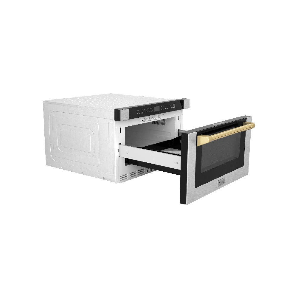 ZLINE Autograph Edition 24-inch Built-in Microwave Drawer - 1.2 cu.ft Capacity, Satin Stainless Steel with Polished Gold Accents, Traditional Handle (MWDZ 1 SS H G) - Perfect for Modern Kitchens, Luxury Homes & High-End Appliances