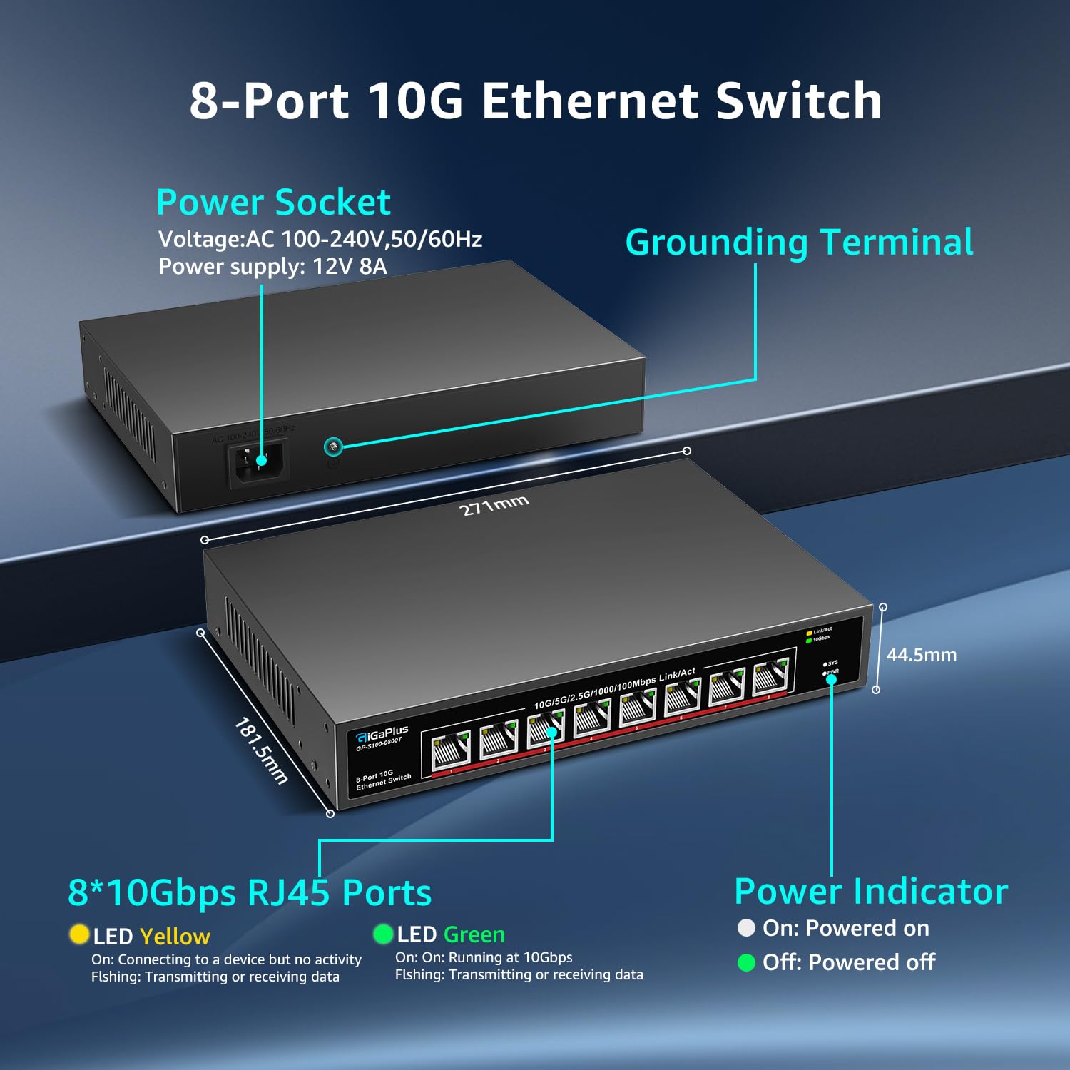 10Gb Ethernet Switch Unmanaged - 8 Port 10Gbe Base-T Network Switch for 10Gbps NAS, WiFi 7 Router & 10Gbps Adapter - Desktop/Rack Mount - Plug & Play - Ideal for Home Office & Data Center Networking