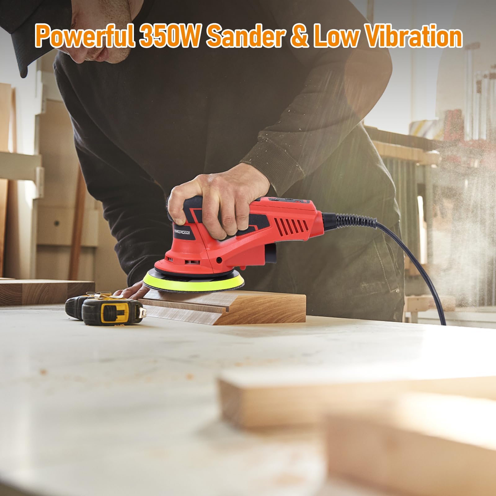 PioneerWorks 6-Inch Electric Random Orbital Sander - 350W Brushless Motor, 10000 RPM, Professional Woodworking & Polishing Tool with 20 Sanding Papers - Perfect for Furniture Refinishing, DIY Projects & Auto Body Work