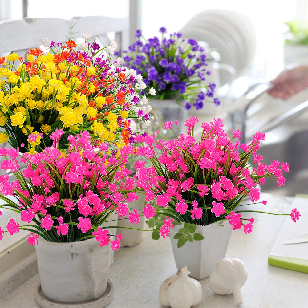 20 Pack UV Resistant Artificial Flowers - Outdoor Fake Plastic Plants for Garden, Porch & Window Box Decorations (Pink) | Perfect for Home, Wedding & Party Decoration