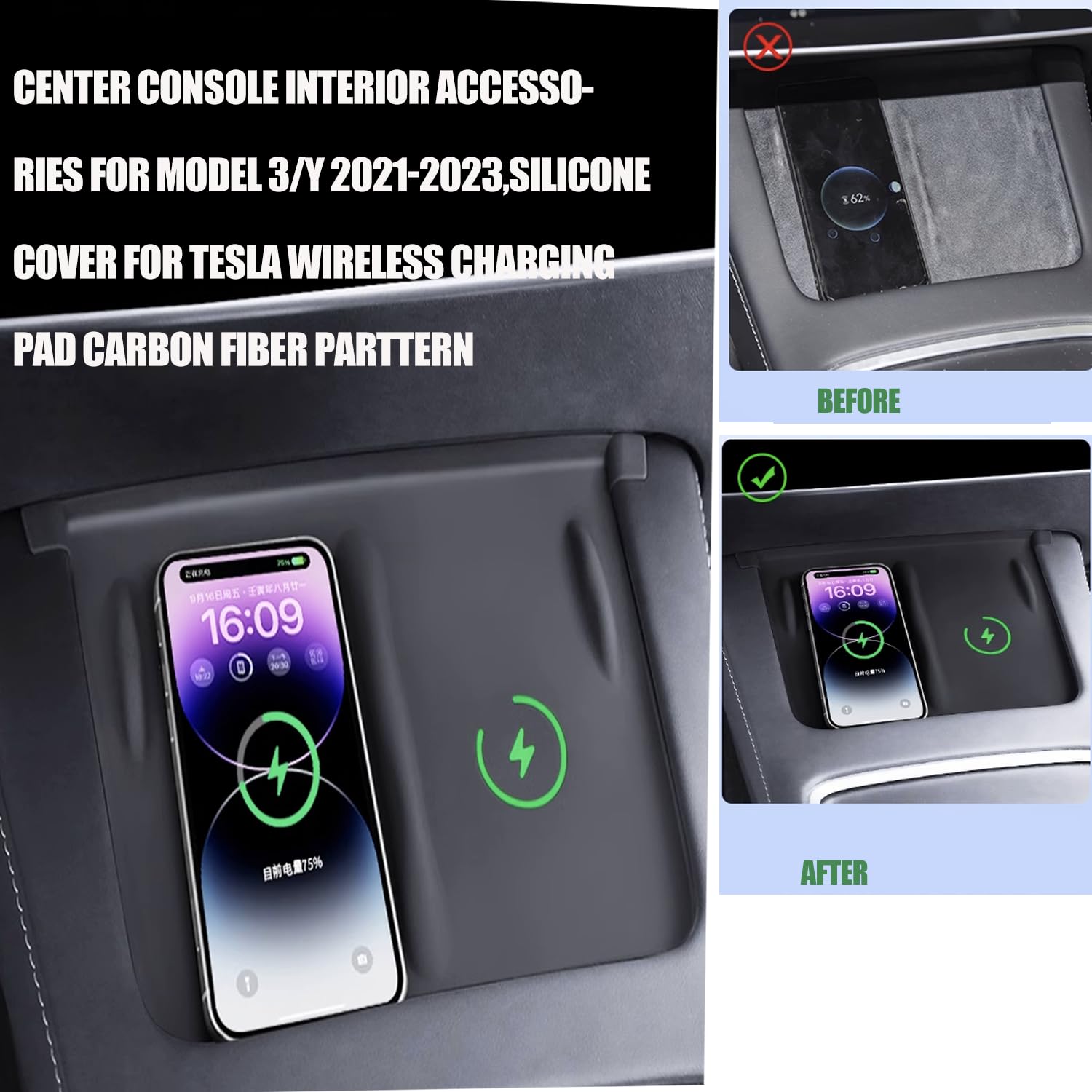 3 in 1 DIY Silicone Pad Set for Tesla Model 3/Y (2021-2023) - Non-Slip Wireless Charging Pad, Screen Protector Frame & Rear View Mirror Cover | Premium Center Console Accessories for Safe Driving & Phone Protection