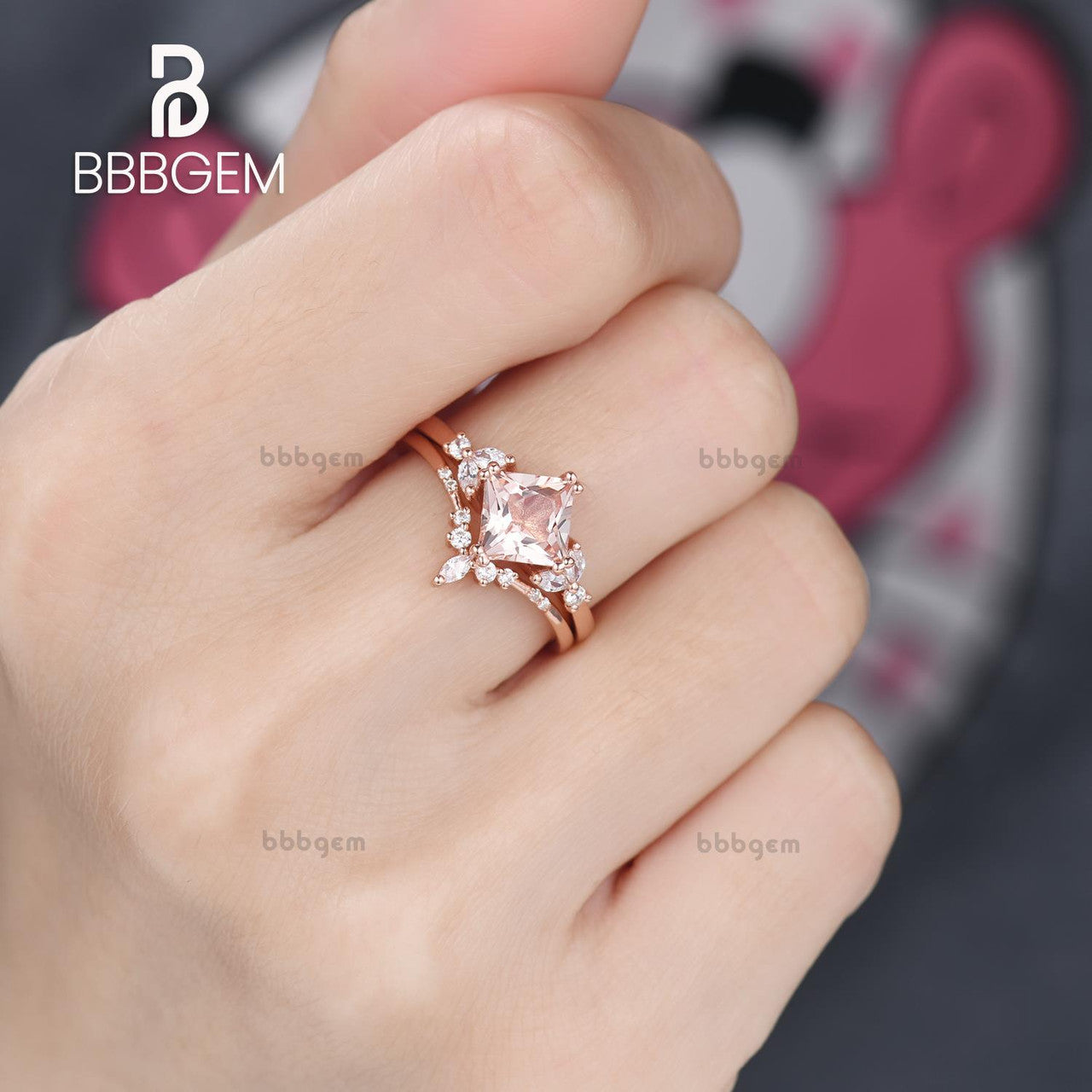 14K Rose Gold Princess Cut Peach Morganite Anniversary Ring Set - Elegant Gift for Her, Perfect for Weddings, Engagements & Special Occasions