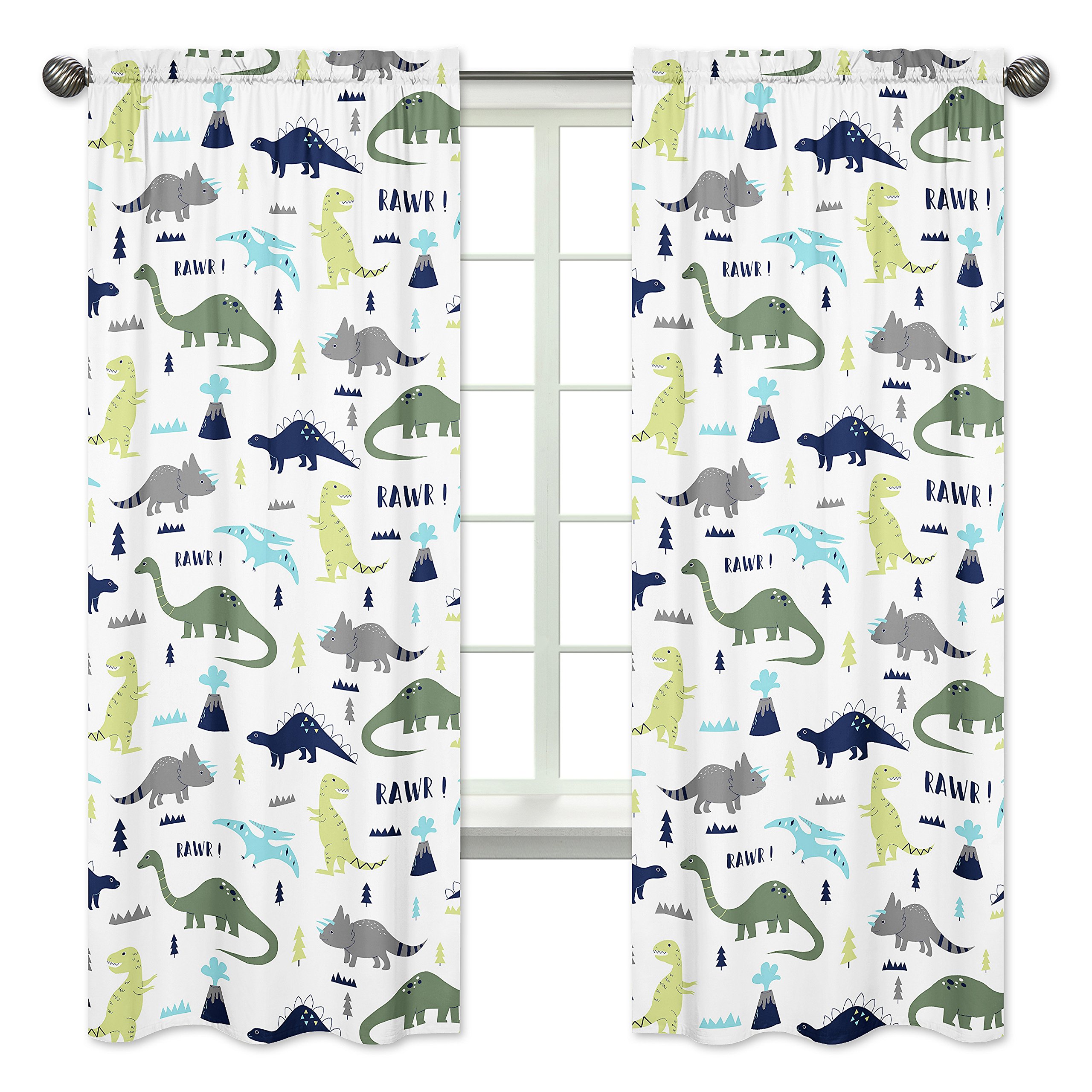 Modern Blue and Green Dinosaur Curtain Panels for Kids' Bedroom - Blackout Window Treatment Set of 2 - Perfect for Nursery, Playroom & Dinosaur Themed Decor