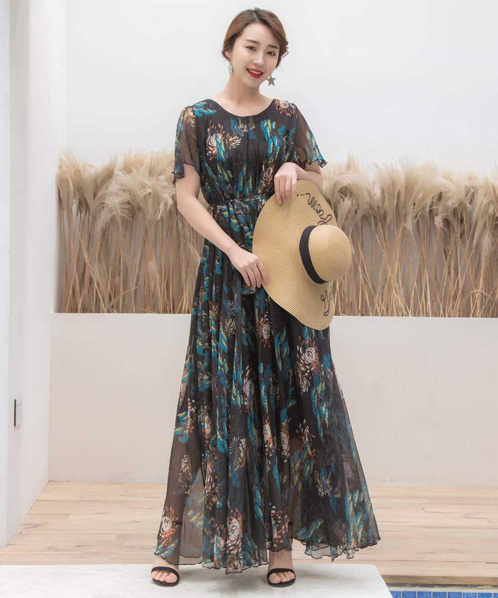 MedeShe Women's Short Sleeve Floral Bohemian Maxi Dress - Summer Beach Dress for Vacation, Party & Casual Wear