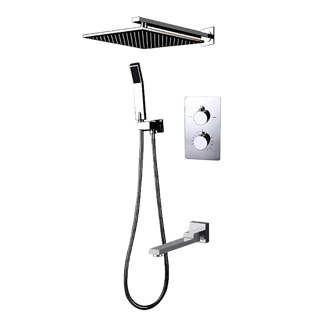 GELISURE Thermostatic Shower Mixer Chrome Shower Set - 3-Function Mixer Shower Kit with Square Rain Shower Head & Handheld Shower Head for Bathroom & Spa Relaxation