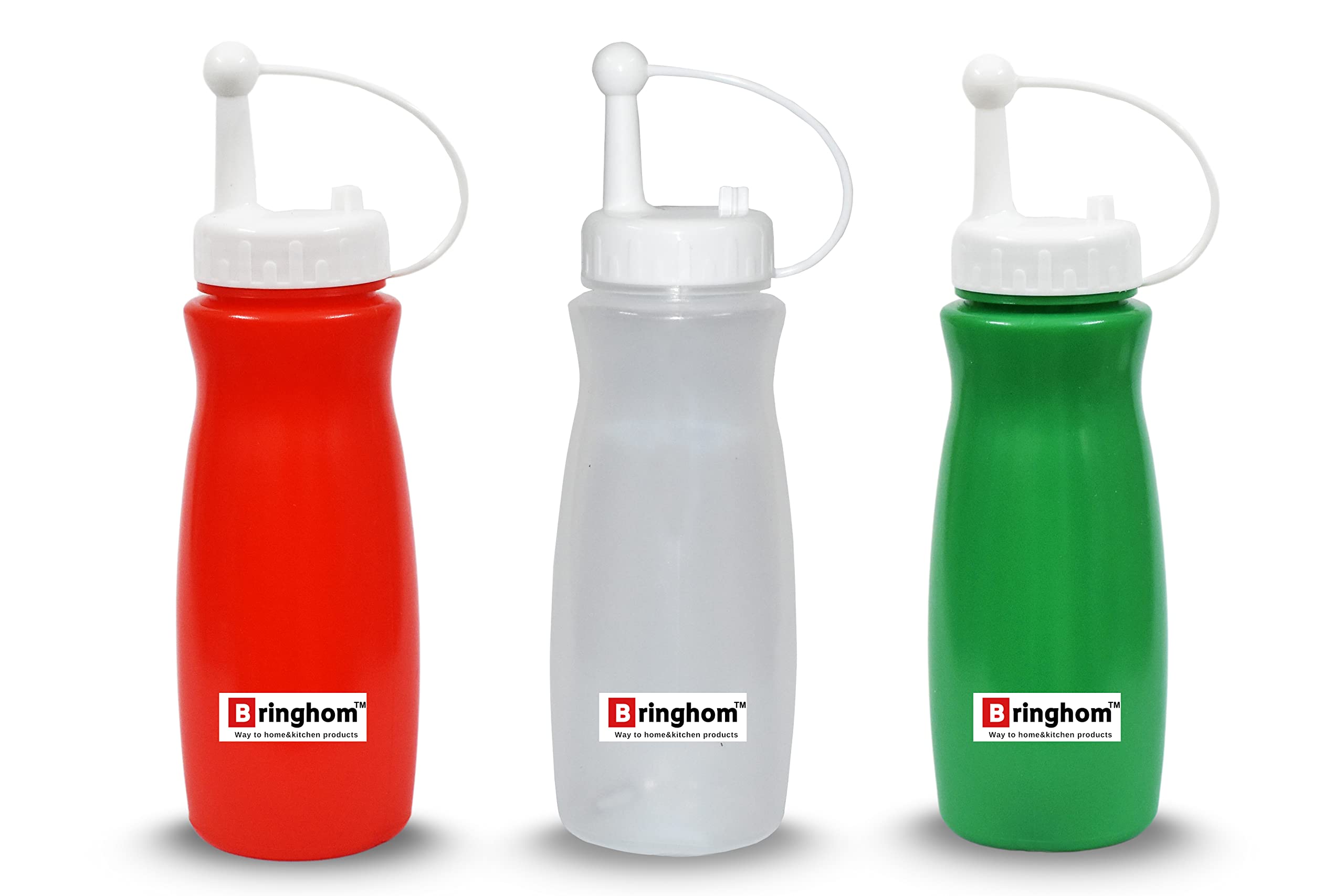 Bringhom 3-Pack Plastic Squeeze Bottles (570ml) - Condiment Dispenser for Ketchup, Mustard, Oil, Vinegar & Sauces - Leak-Proof Kitchen Bottles in Red, White & Green - Perfect for Restaurants, BBQs & Home Cooking