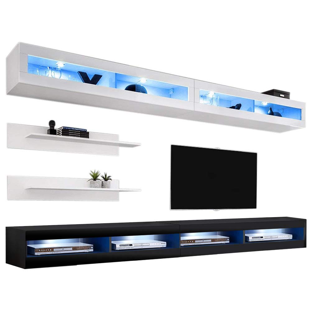 Modern Floating TV Stand with Storage & LED Lights - Wall Mounted Entertainment Center for Bedroom & Living Room - White/Black - Perfect for Small Spaces & Home Theater Setup
