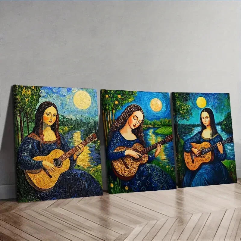 3-Piece Mona Lisa Playing Guitar Wall Art Set - Framed Canvas Prints 50x70cm - High Quality Australian Made - Ready to Hang - Perfect for Living Room, Bedroom & Office Decor