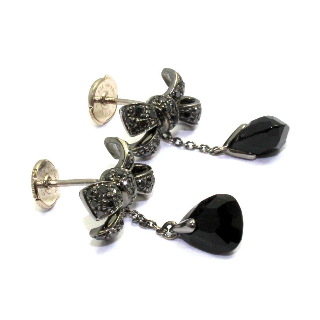Authentic Pomellato 18k White Gold Black Diamond Onyx Drop Bow Earrings - Luxury Italian Jewelry for Women, Perfect for Weddings, Parties & Special Occasions