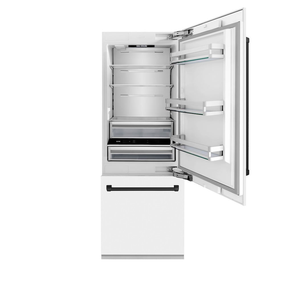ZLINE Autograph Edition 30 Inch Built-In Bottom Freezer Refrigerator - 16.1 cu ft Capacity, Water Dispenser & Ice Maker - White Matte with Matte Black Accents (RBIVZ WM 30 MB) | Perfect for Modern Kitchens, Open Concept Homes & Luxury Appliances Collection