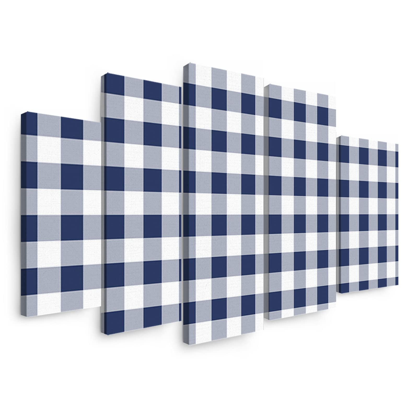 5 Panels Canvas Wall Art - Navy Blue Buffalo Plaid Print Pastoral Style - Stretched Wooden Frame Ready to Hang - Perfect for Bedroom, Living Room & Home Decor - Modern Farmhouse Wall Painting for Cozy Spaces