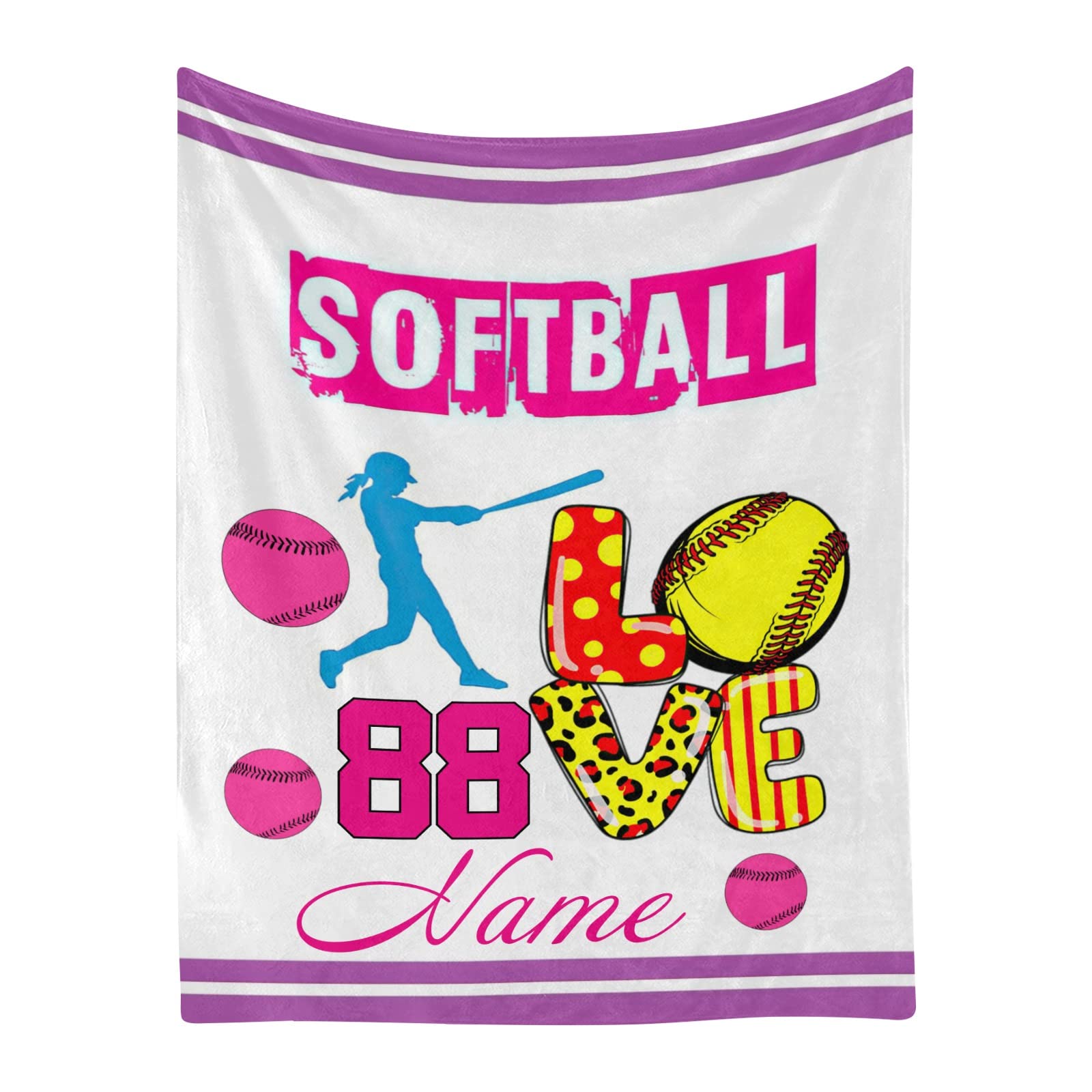 Personalized Softball Fleece Throw Blanket with Name - 50x60 Inch Customized Gift for Men & Women - Birthday, Wedding, Anniversary Present - Cozy Blanket for Sports Fans, Home Decor, Sofa & Bed Use