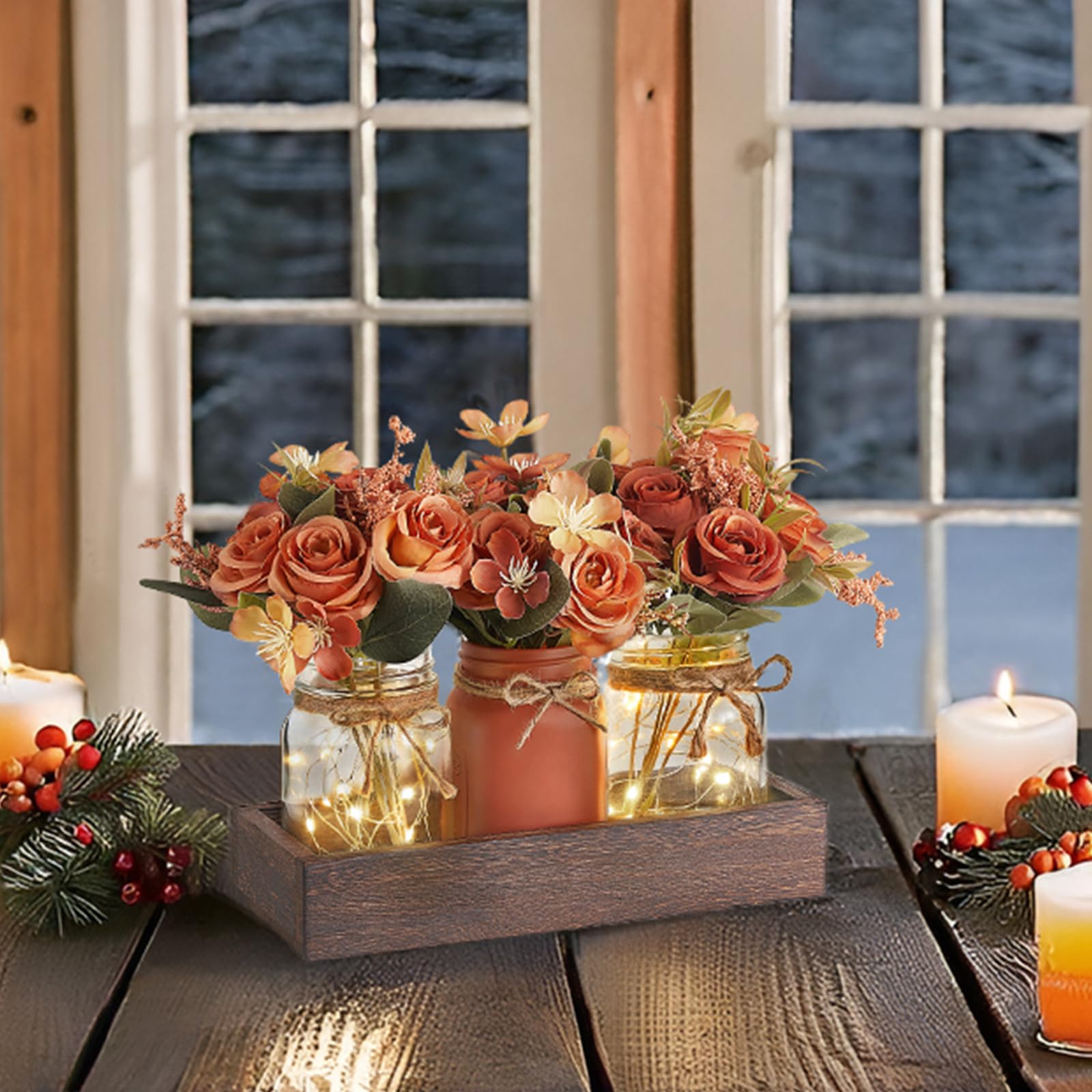 Mkono Mason Jar Lights - 3 Pack Farmhouse Table Decor with Flowers, Orange Glass Centerpiece for Dining Room, Kitchen, Living Room | Perfect for Spring Decor, Wedding, Party, and Rustic Home Decorations