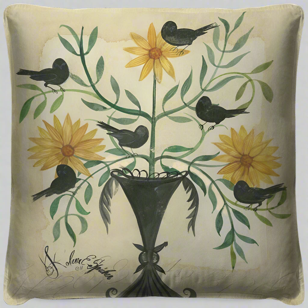 Black Birds on Yellow Flowers Decorative Throw Pillow - Soft Cushion Cover for Sofa, Bed, Living Room & Home Decor