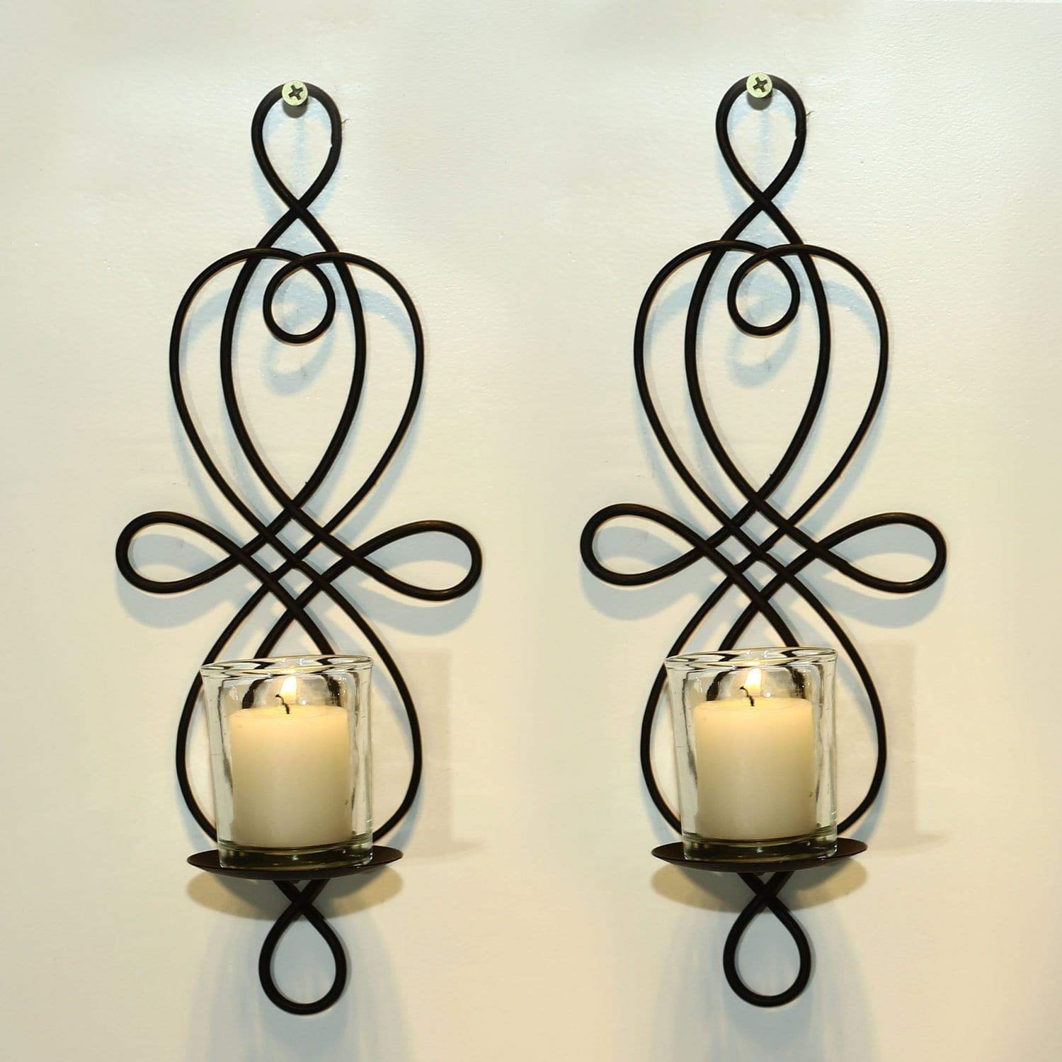 Brown Iron Vertical Wall Hanging Candle Holder Sconce - Set of 2 Black Metal Candle Sconces for Home Decor, Living Room, Bedroom, Dining Room & Outdoor Patio Lighting