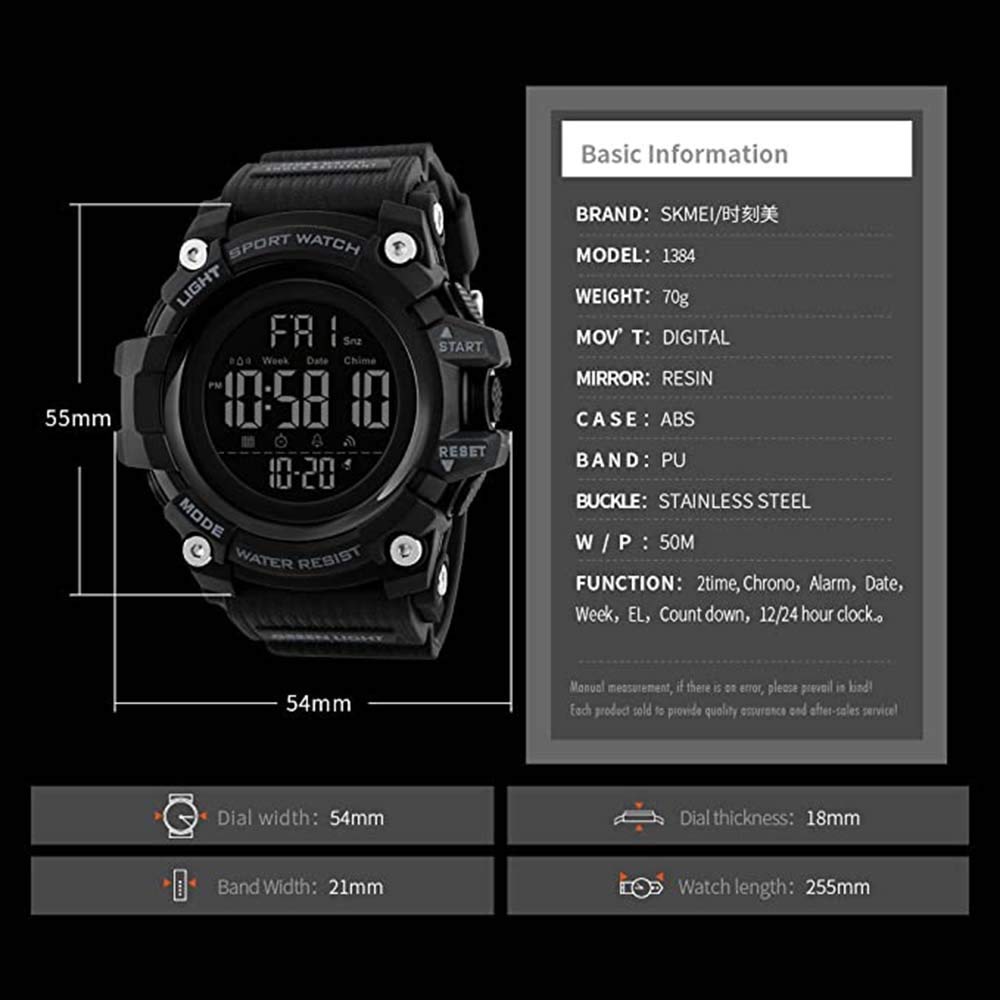Gosasa Men's Sports Watch - Waterproof Digital LED Stopwatch with Countdown, 12/24 Hour Time Display, Multifunctional Wristwatch for Running, Gym & Outdoor Activities (Black)