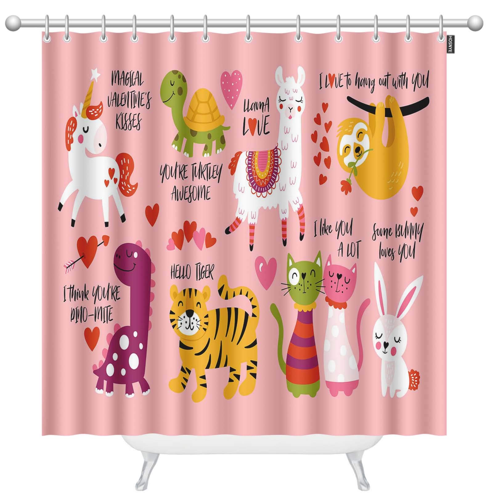 Cute Animal Shower Curtain Set with 12 Hooks - Llama Sloth Unicorn Cat Dinosaur Bunny Tiger Turtle Bathroom Decor - Waterproof 72x78 Inch Modern Bath Curtain for Kids & Adults - Perfect for Bathroom, Dorm, RV, and Apartment Decor