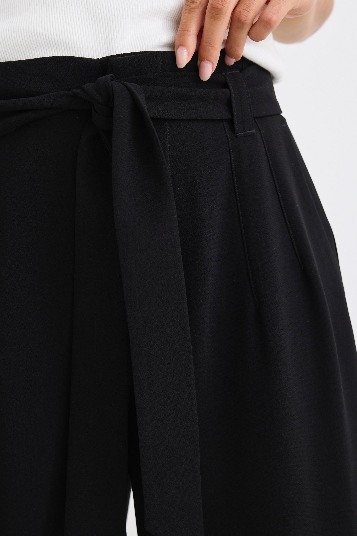 Sydney Black Crepe Wide Leg Tie Belt Pants for Women - Elegant High Waisted Palazzo Trousers for Office, Party & Special Occasions