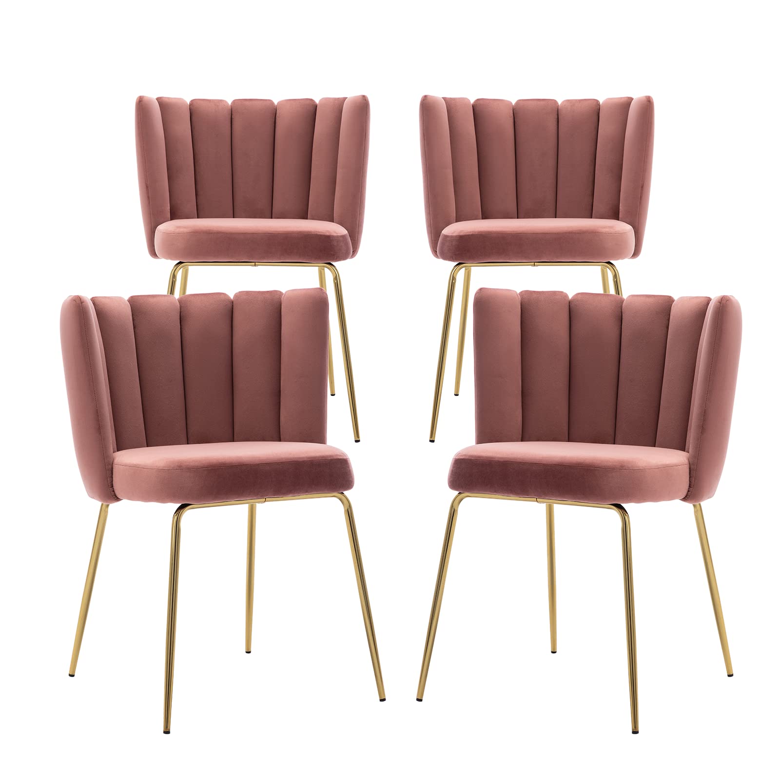 Luxury Velvet Dining Chairs Set of 4 - Modern Upholstered Accent Chairs with Curved Back & Gold Metal Legs for Living Room, Kitchen, Bedroom, Vanity - Pink Comfy Seating for Home Decor & Entertaining