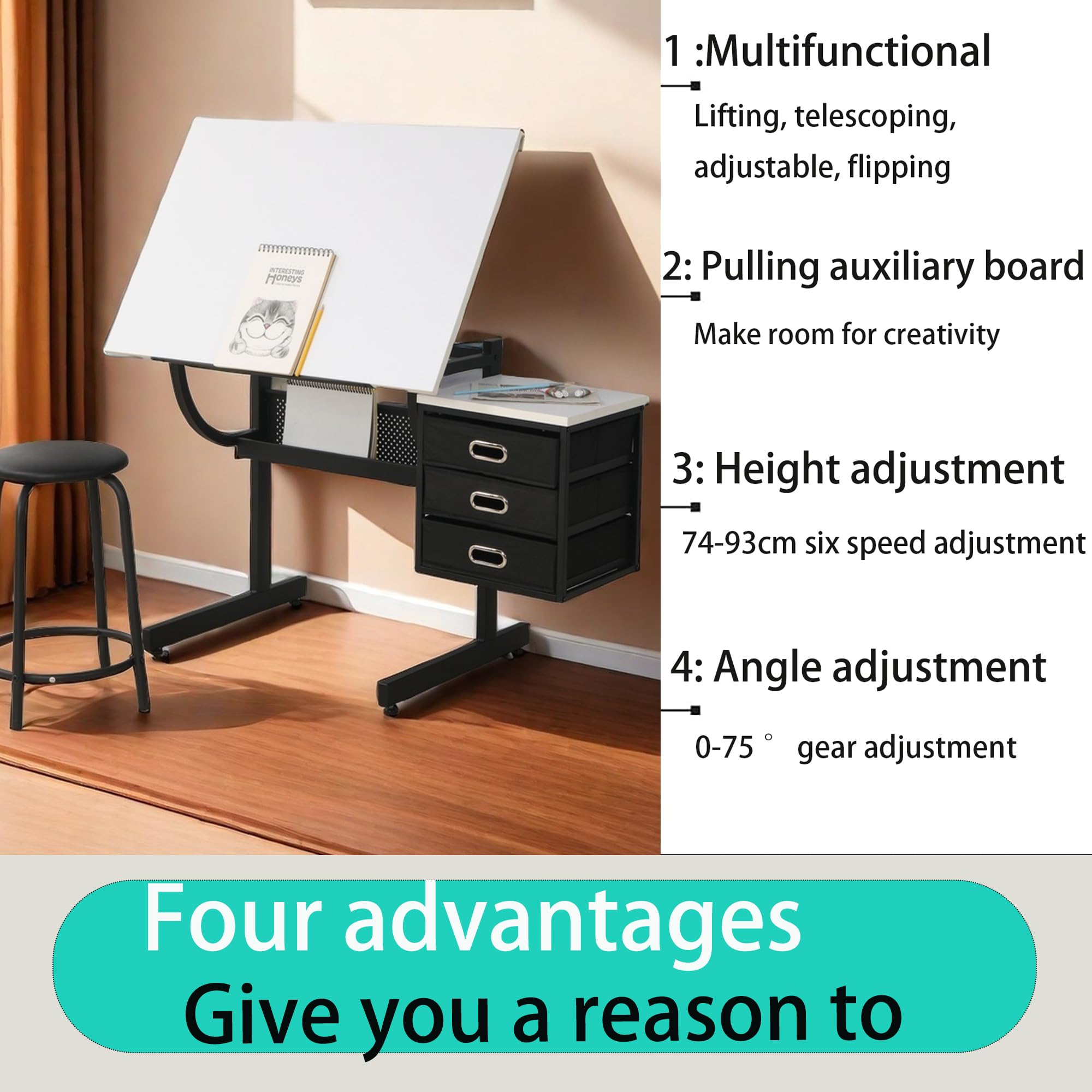 Adjustable Drafting Table with Stool & Tilt Top - 3-Drawer Artist Desk for Drawing, Painting & Crafts - Perfect for Home Studio, Art Class & Professional Workspace